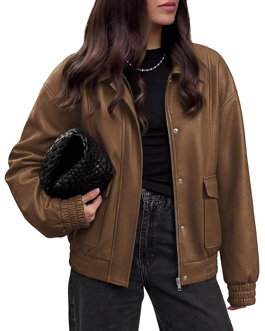 BTFBM Faux Leather Jacket Women Fall Clothes Long Sleeve, Bomber Jackets, Snaps, Pockets, Oversized, Zip Up Motorcycle Outerwear, Airport, Going Out Outfits, Winter Coat