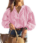 PRETTYGARDEN Women Fall Plaid Long Puff Sleeve Shirts V Neck Casual Blouses Gingham Button Down Oversized, Pleated Drop Shoulder Cotton Tops, Dressy Casual, Work Vacation Travel, Fall Outfits Trendy