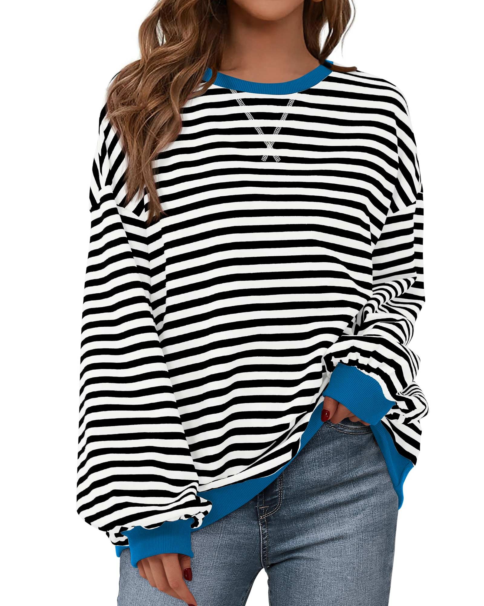BTFBM Sweatshirt For Women Summer Crewneck Long Sleeve Oversized Striped Pullover Tops Y2K Clothes Workout Shirt