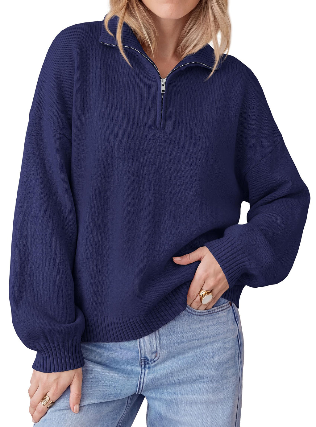 PRETTYGARDEN Women's Quarter Zip Pullover Oversized Sweaters Collared Neck, Long Balloon Sleeve, Jumper Tops, Soft Cozy Knit, Ribbed Hem, Loose Fit, Fall Outfits, Winter Fashion Clothing
