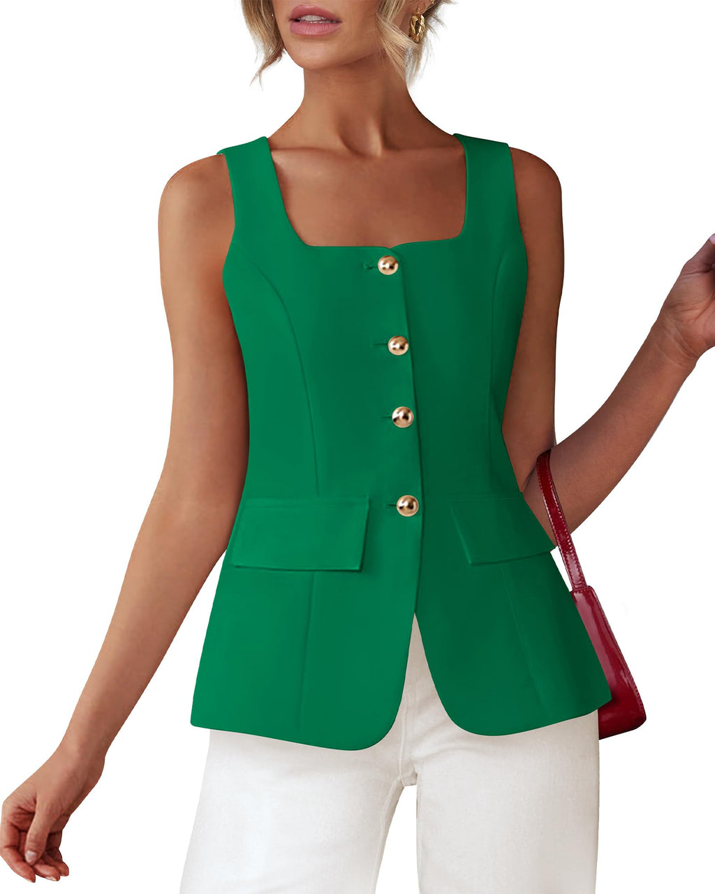 BTFBM Womens Sleeveless Suit Vests Dressy Casual Square Neck Business Work Waistcoat Spring Button Blazer Vest Tops