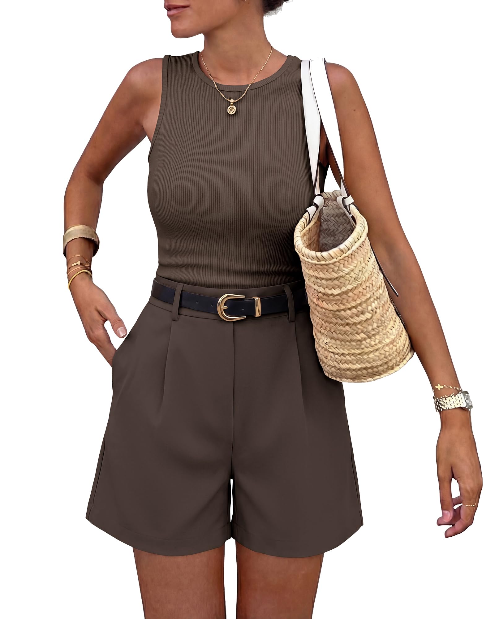 BTFBM 2 Piece Sets for Women Summer Sleeveless Matching Short Sets Tank Crew Neck Airport Travel Outfits Pockets