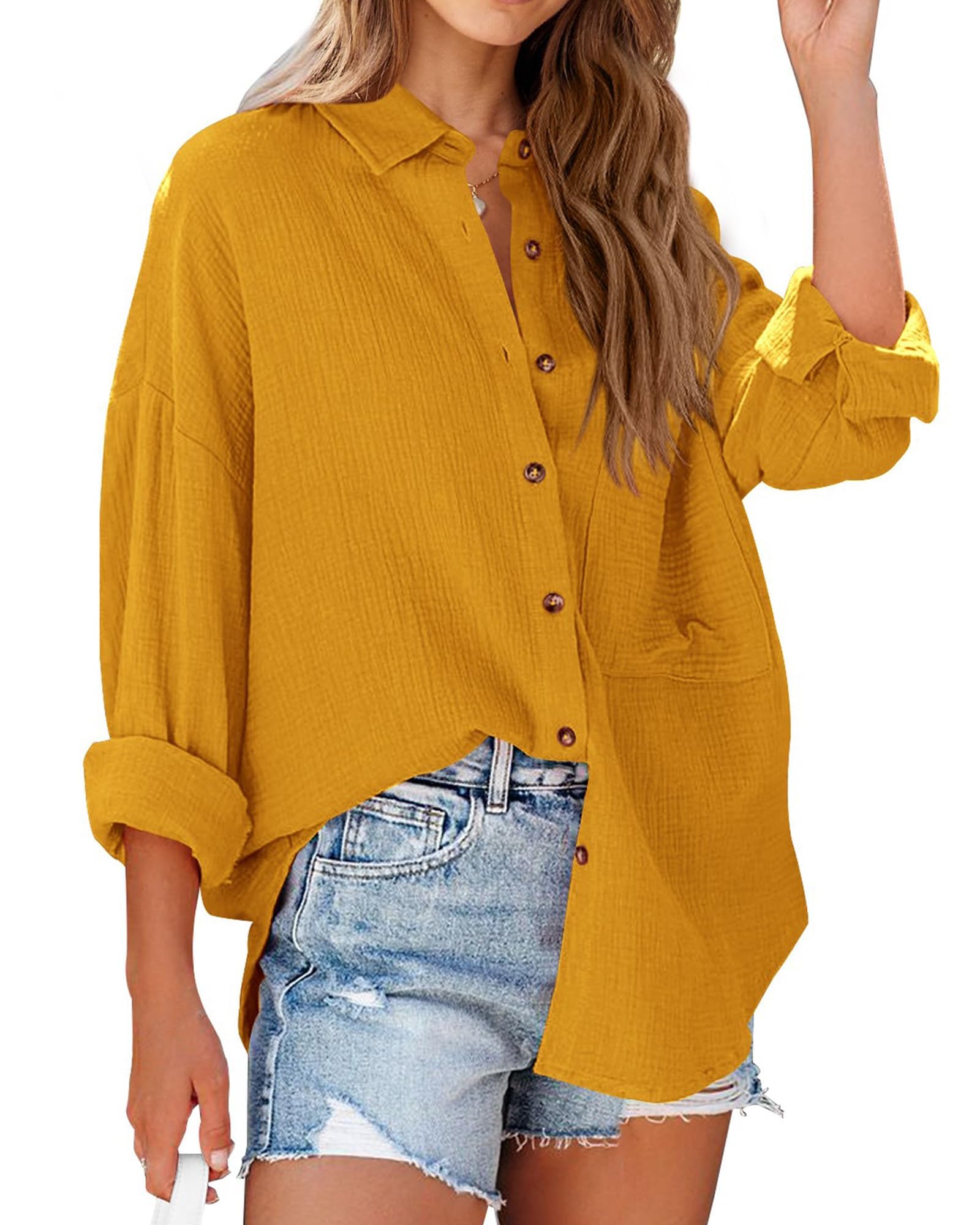 FreshPretty Casual Shirts for Women Long Sleeve Button Down Blouses Fall Solid Color Trendy Tops with Pocket