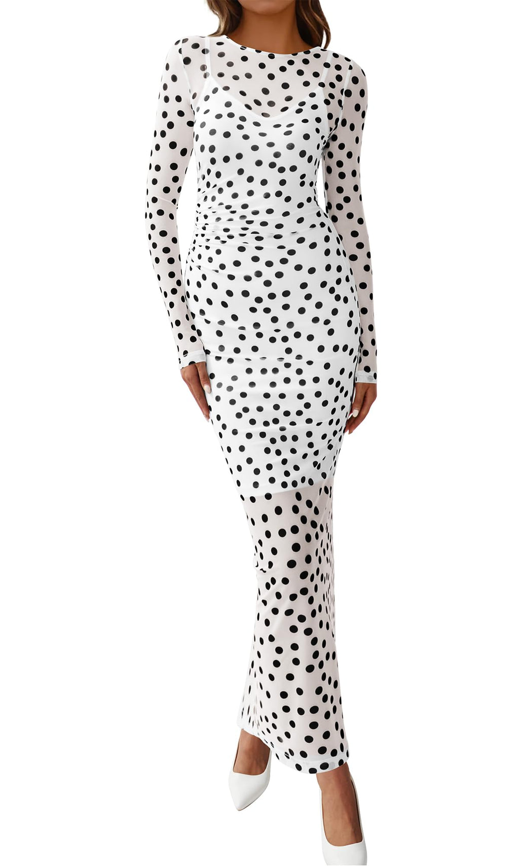 BTFBM Spring Dresses for Women 2 Piece Set Long Sleeve Polka Dot Sexy Bodycon Mesh Dress and Slip Dress Wedding
