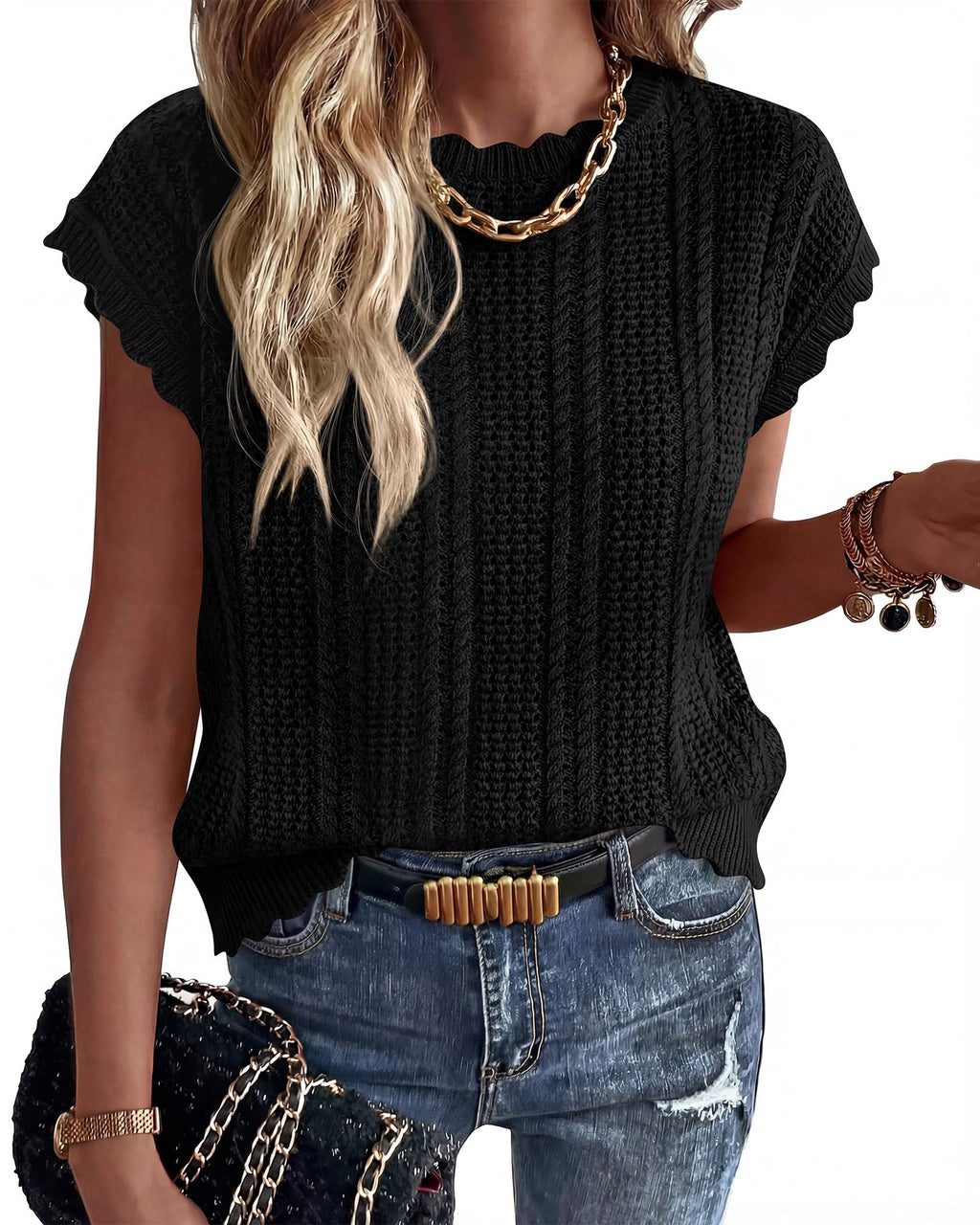 FreshPretty Sweater Vest Women Crochet Top Cap Short Sleeve Sweater Spring Summer Cable Knit Pullover Beach Vacation Outfits
