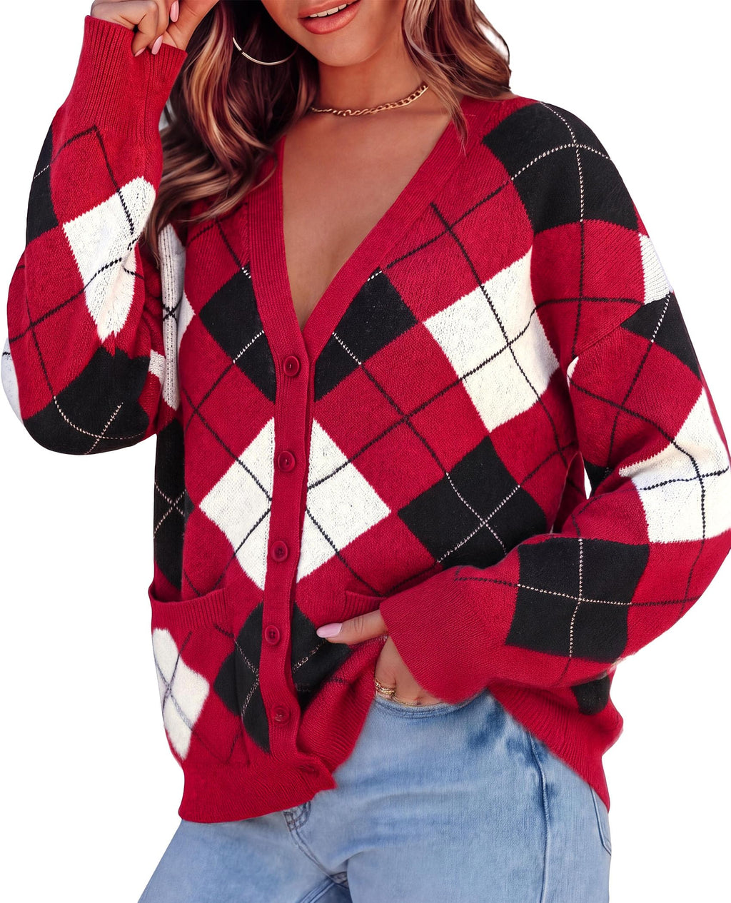 PRETTYGARDEN Women's Cardigan Argyle Winter Sweaters Cozy Warm Chunky Knit, Long Sleeve V Neck, Color Block Plaid, Button Up Pocket,Trendy Fall Jackets, Holiday Going Out Outfits