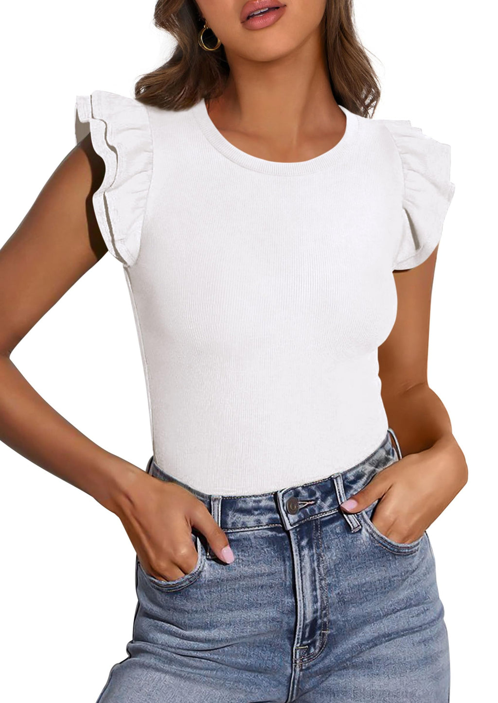 PRETTYGARDEN Womens Summer Crew Neck T Shirts Trendy Ruffle Sleeve Slim Fit Knit Going Out Tops Casual Spring Clothes