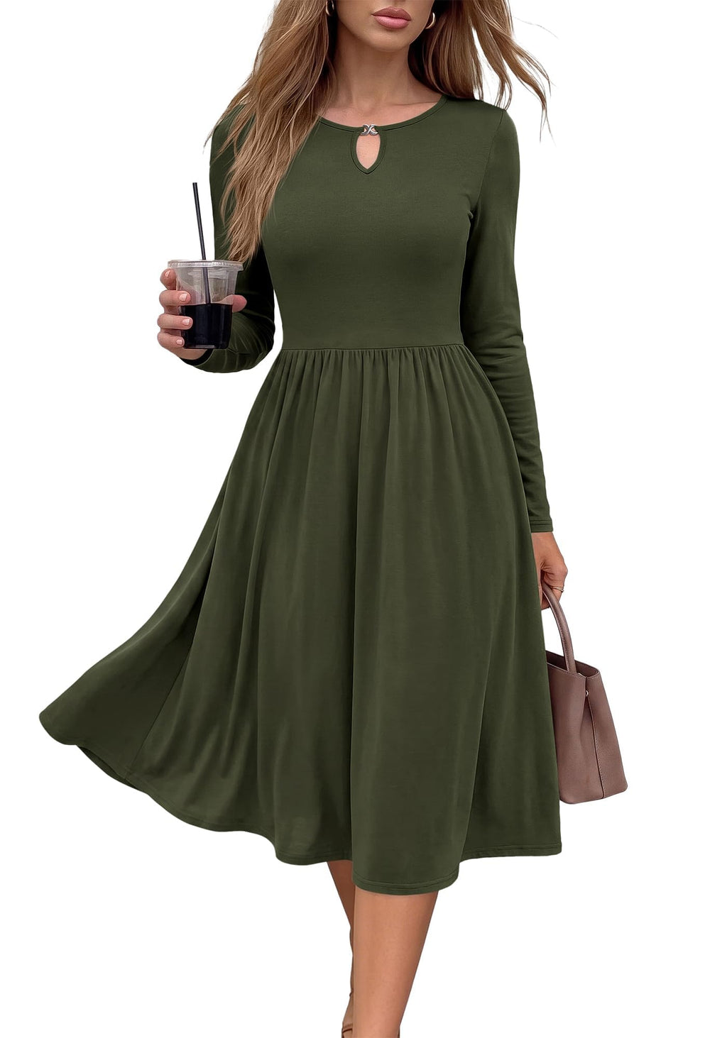 FreshPretty Fall Dresses for Women Midi Empire Waist Long Sleeve Dress,Lightweight Soft Knit,Flowy A Line Keyhole Crewneck Pleated Business Casual Teacher Outfits,Dressy Wedding Daily With Pockets