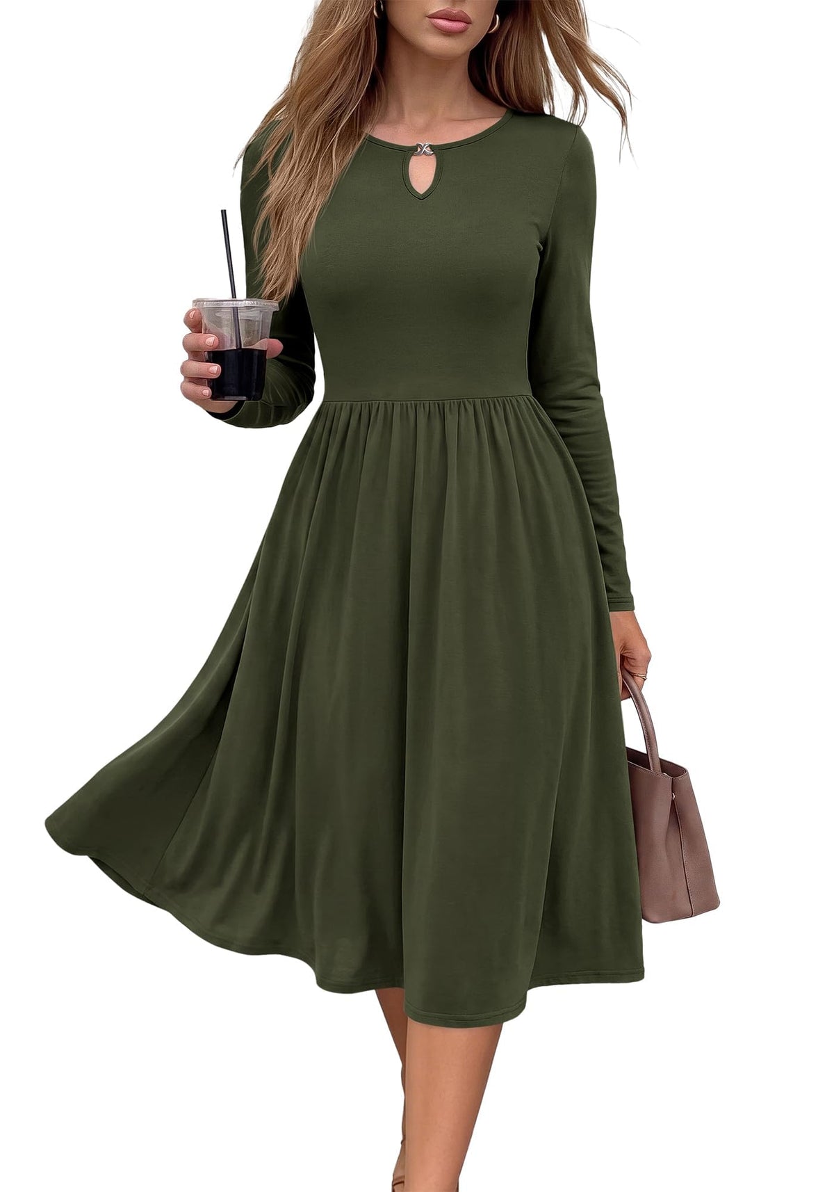 FreshPretty Fall Dresses for Women Midi Empire Waist Long Sleeve Dress,Lightweight Soft Knit,Flowy A Line Keyhole Crewneck Pleated Business Casual Teacher Outfits,Dressy Wedding Daily With Pockets