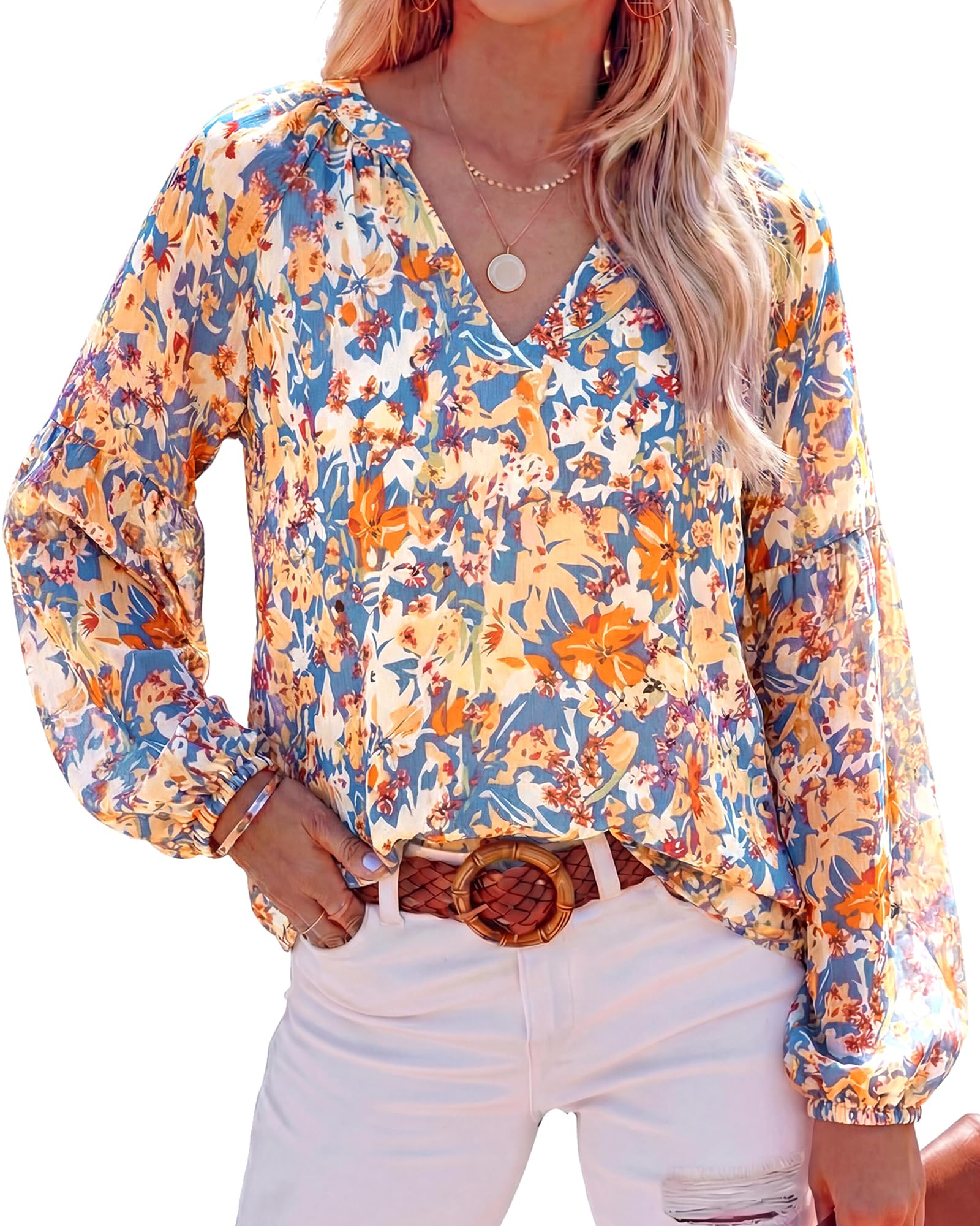 BTFBM Blouses for Women Dressy Casual Floral Summer Boho Tops V Neck Lightweight Long Sleeve Shirts Spring Clothes