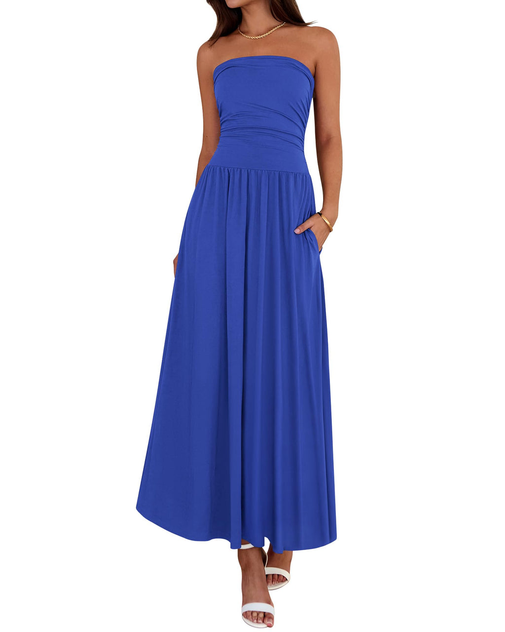 BTFBM Summer Maxi Dresses for Women Strapless Ruched Tube Top Beach Vacation Spring Wedding Guest Dress Pockets