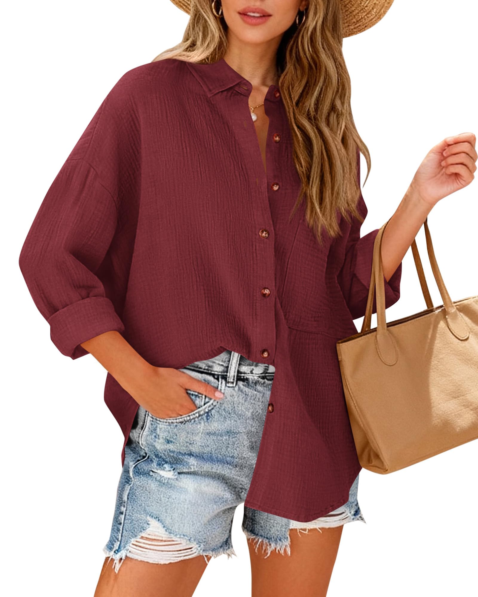 FreshPretty Casual Shirts for Women Long Sleeve Button Down Blouses Fall Solid Color Trendy Tops with Pocket