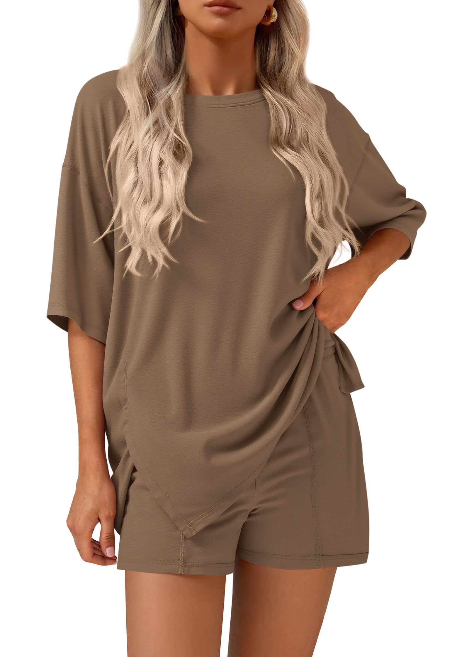FreshPretty 2 Piece Sets for Women Summer Lounge Sets Casual Oversized Tshirts Shorts Matching Airport Travel Outfits Postpartum