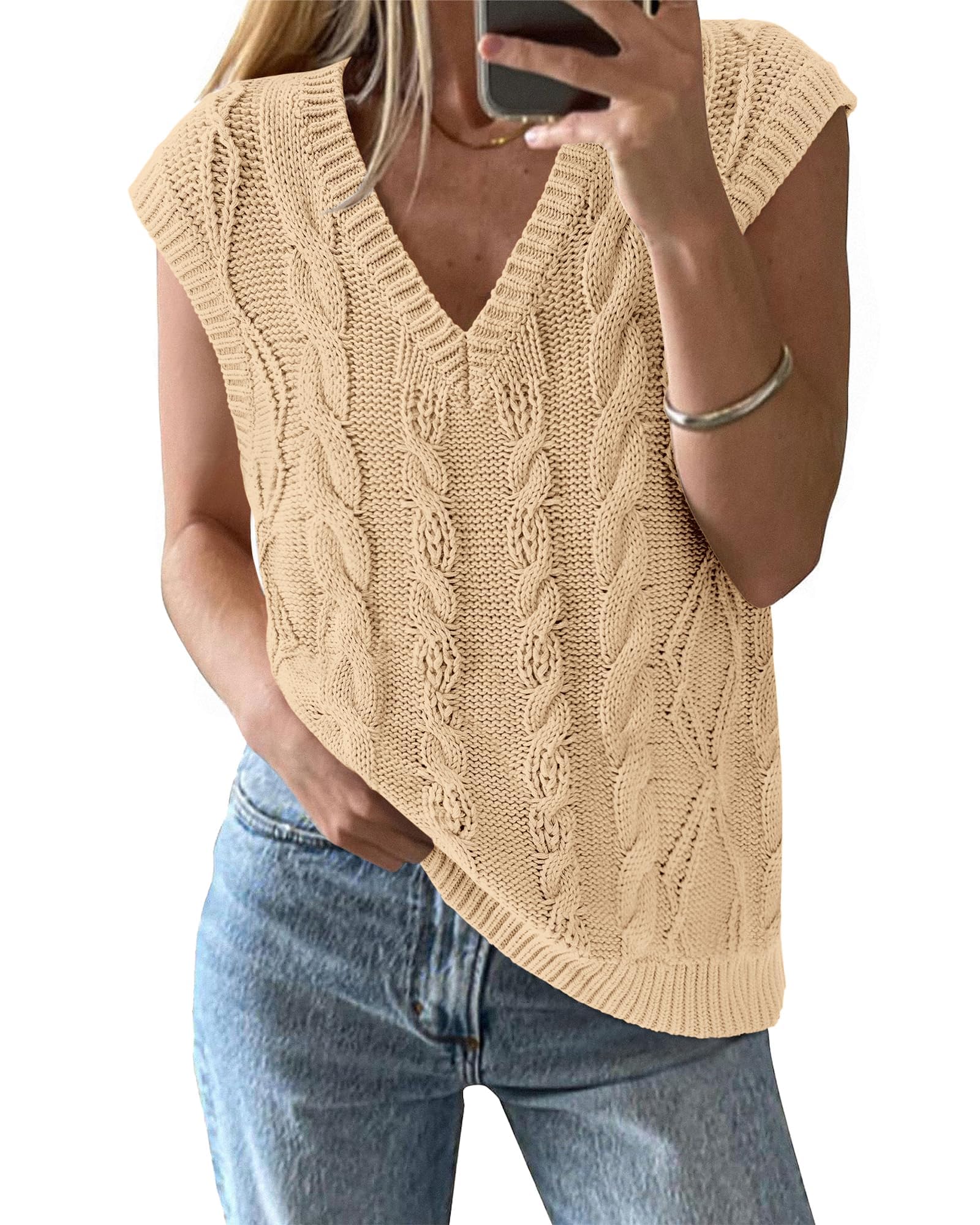 FreshPretty Sweater Vest Women Oversized V Neck Cable Knit Casual Pullover Sweaters Fall Outfits Sleeveless Tops