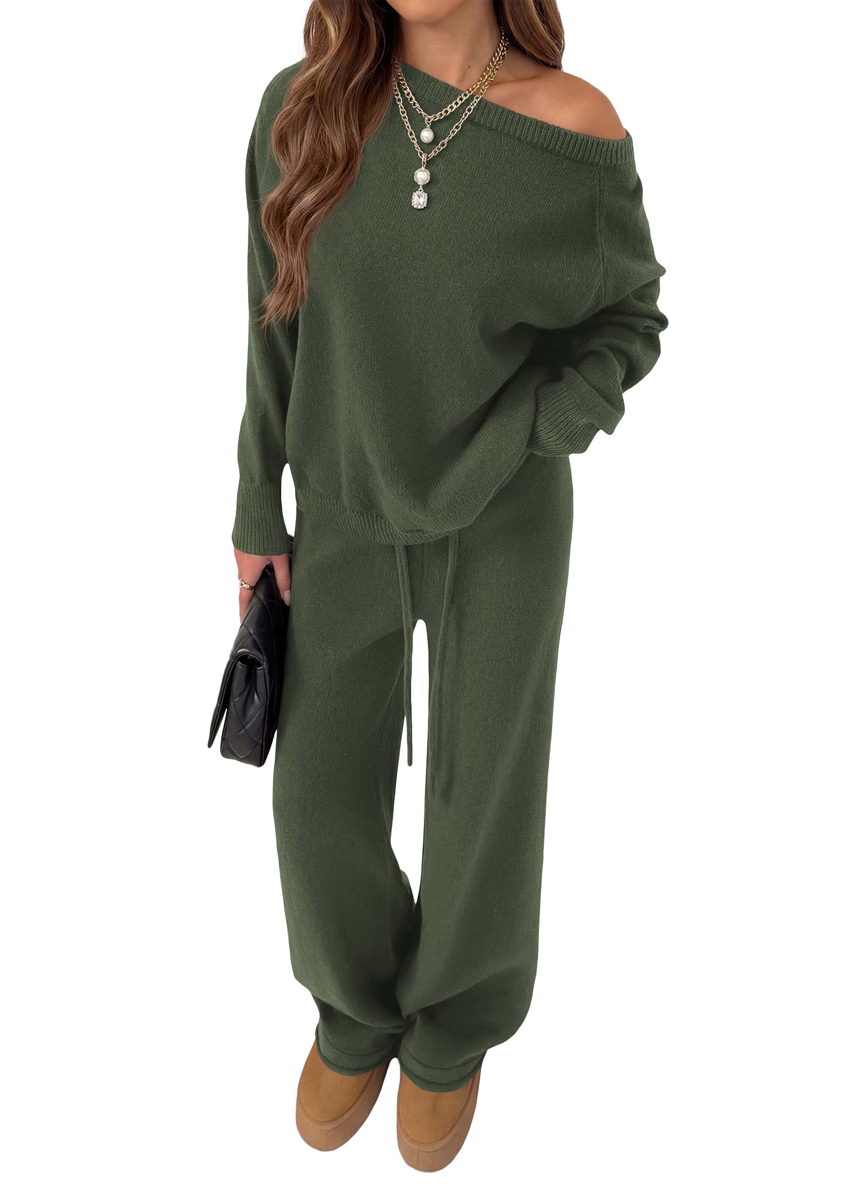 PRETTYGARDEN Lounge Sets Womens Sweaters Two Piece Outfits Cozy Boat Neck Long Sleeve Tops, Wide Leg Pants with Drawstring, Casual Fall Fashion Airport & Travel, Knit Matching Set
