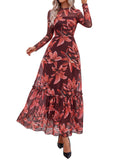 BTFBM Boho Mesh Long Sleeve Dress for Women | Mock Neck, Floral, A Line, Tiered, Graduation, Wedding, Cocktail Maxi Dresses, Fall Fashion, Resort Wear