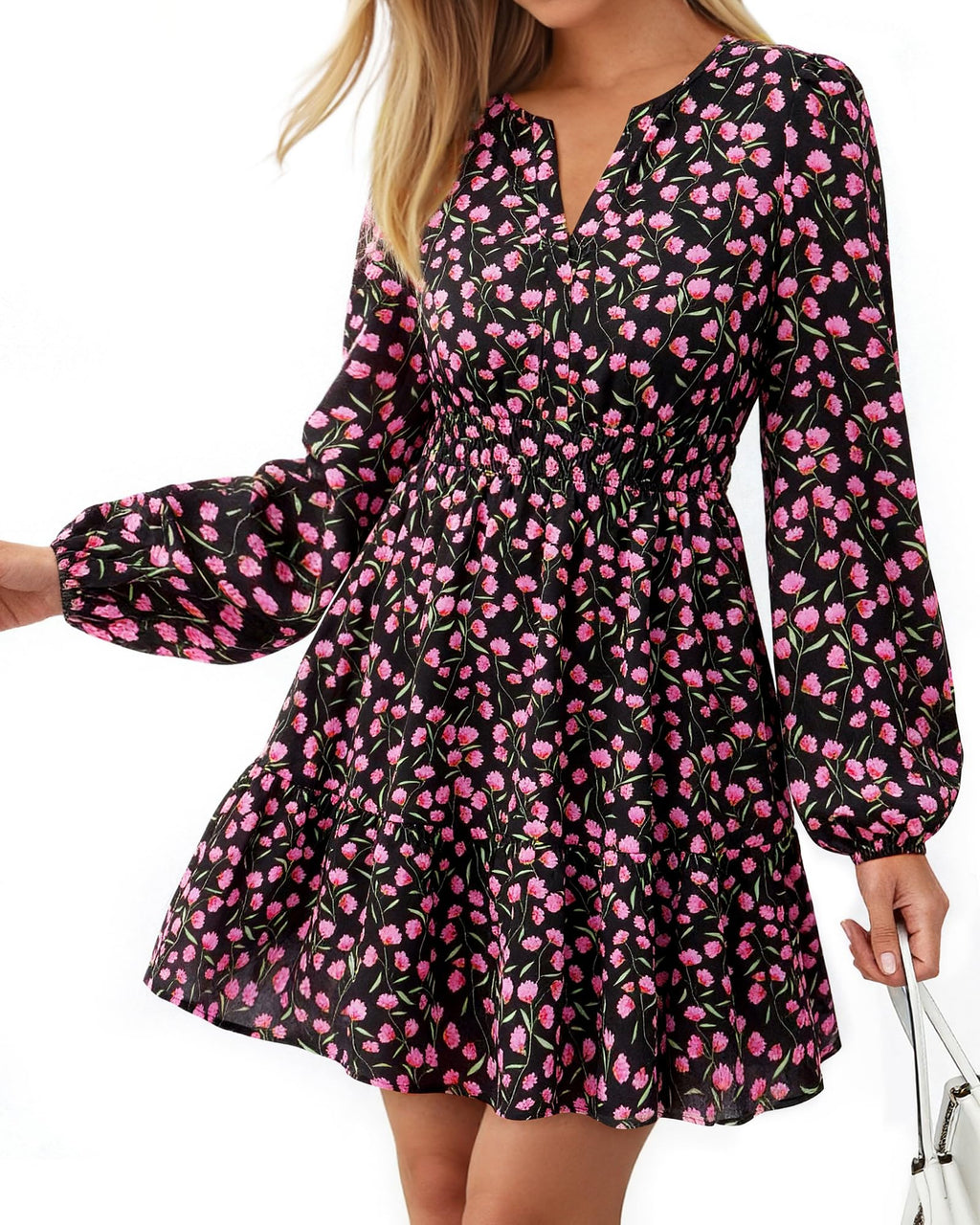 BTFBM Spring Dresses for Women Mini Long Sleeve Elastic Waist Summer Vacation Outfits Floral Wedding Guest Dress
