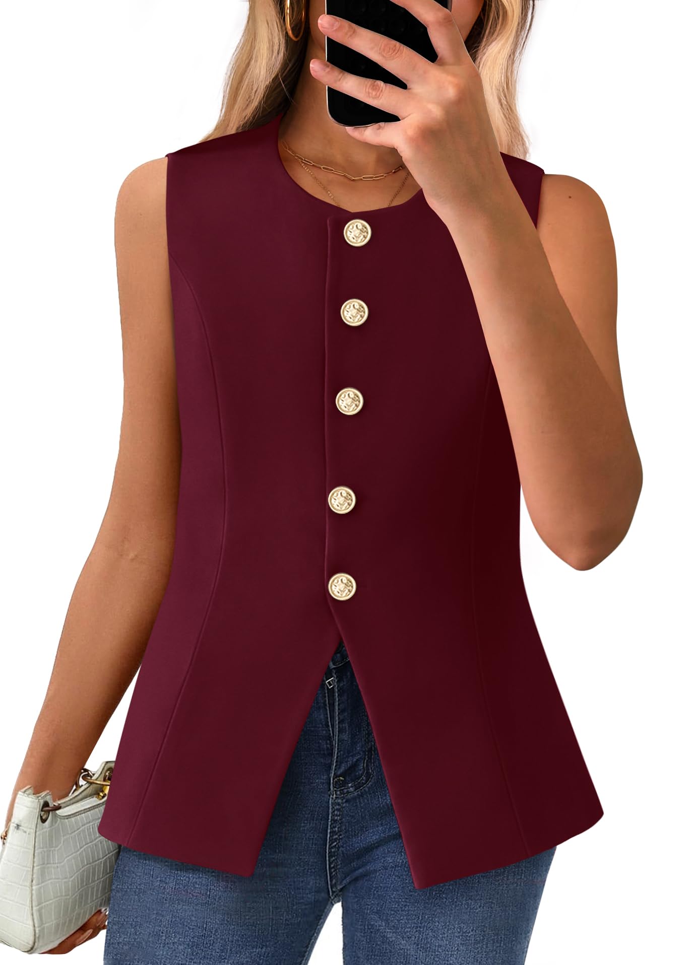 BTFBM Summer Sleeveless Blazer Vest For Women Dressy Button Down Round Neck Business Casual Outfits Work Suit Vests Tops