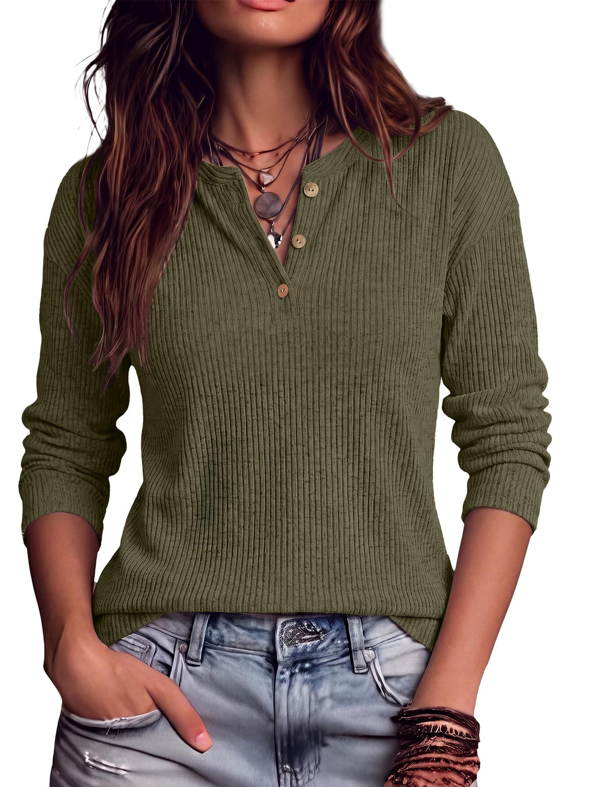 FreshPretty Henley Shirts For Women Ribbed Button Up Sweater Top,Soft Fall Long Sleeve Shirt,Lightweight Drop Shoulder Knit Tops,Dressy Casual Work Office Blouses,Teacher School Outfits