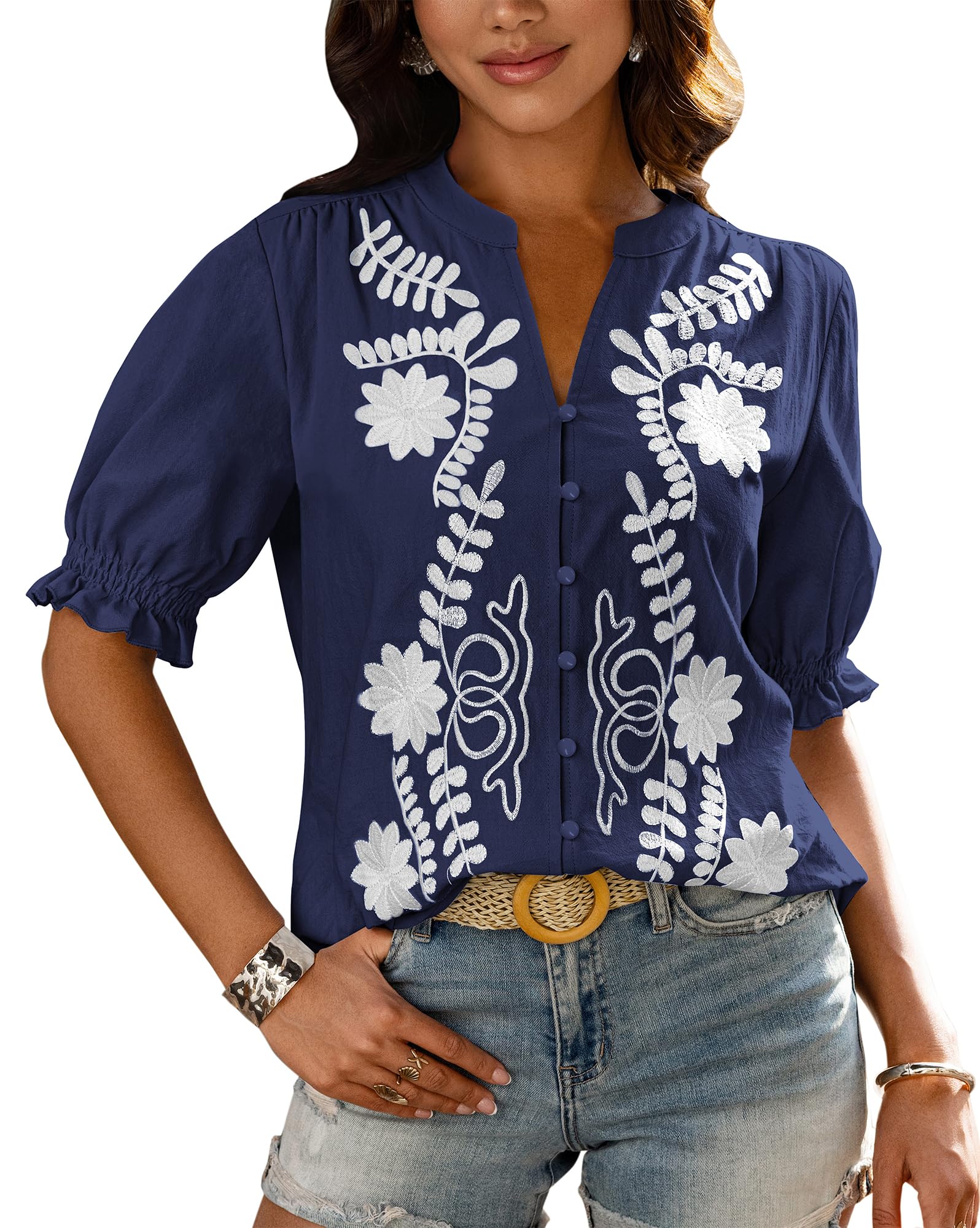 BTFBM Women's Spring Tops Casual Floral Boho V Neck Puff Short Sleeve Button Down Shirts Embroidered Blouses Tunic