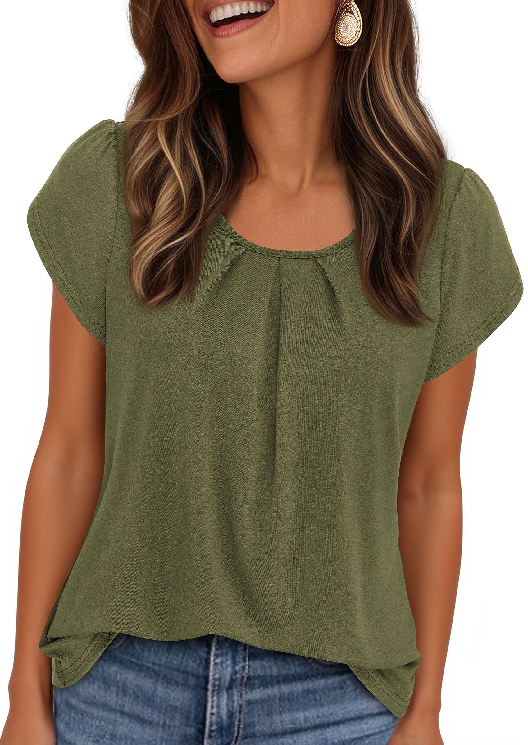 PRETTYGARDEN Womens Tops Dressy Casual Summer Short Sleeve Blouses Crew Neck Pleated Basic T Shirts Spring Clothes