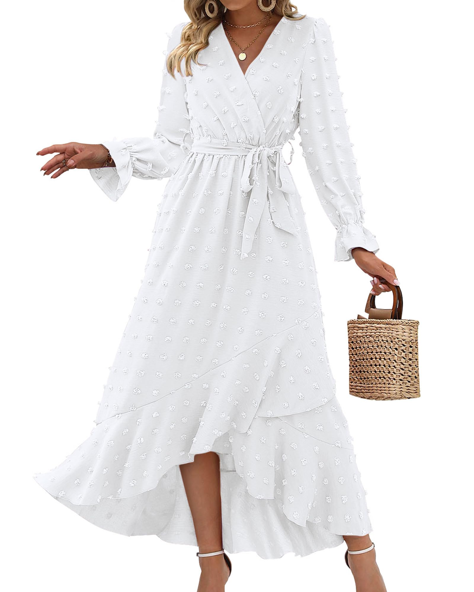 FreshPretty Long Sleeve Maxi Dresses for Women V Neck Swiss Dot Boho Flowy Slit Cocktail Wedding Guest Dress Fall Clothes