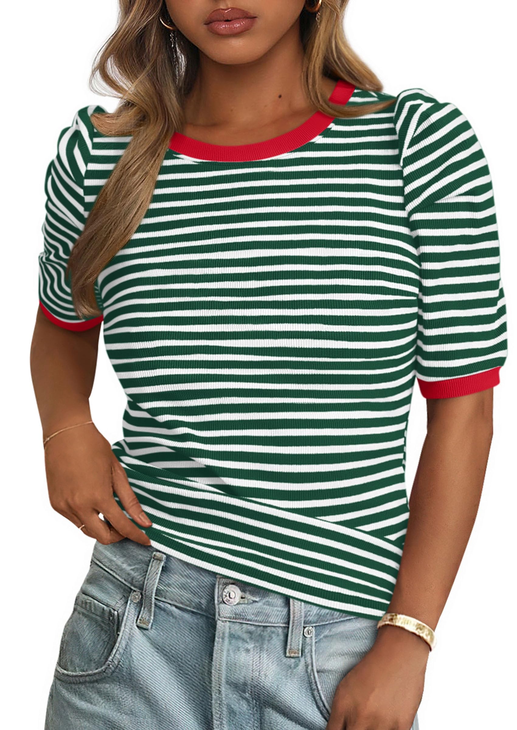 PRETTYGARDEN Women's Summer Puff Sleeve Tops Casual Ribbed Knit Crop Top Color Block Trendy Crewneck Striped Shirts