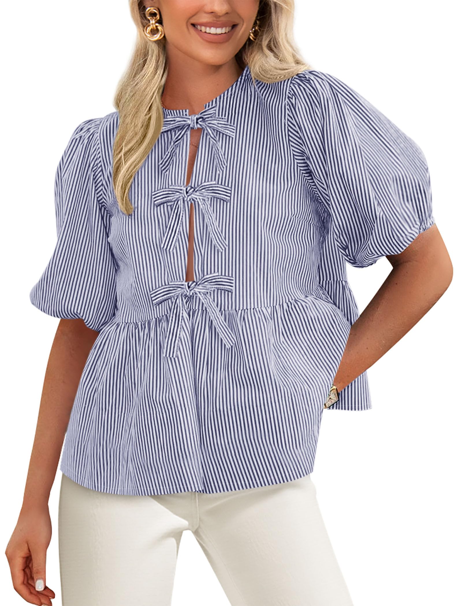 PRETTYGARDEN Women's Tie Front Striped Shirt Summer Trendy Fashion Cute Babydoll Tops Peplum Puffy Sleeve Blouse