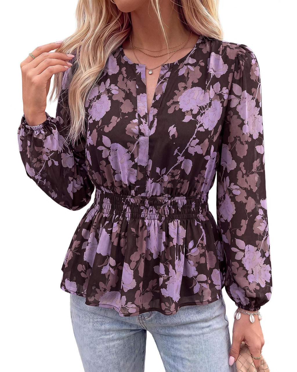 BTFBM Womens Tops Dressy Casual Floral V Neck Long Sleeve Chiffon Shirts | Chiffon Lantern Sleeve Flowy Peplum Sheer Top,Elastic Waist Babydoll Blouses,Boho Vacation Outfits,Fall Fashion Clothing