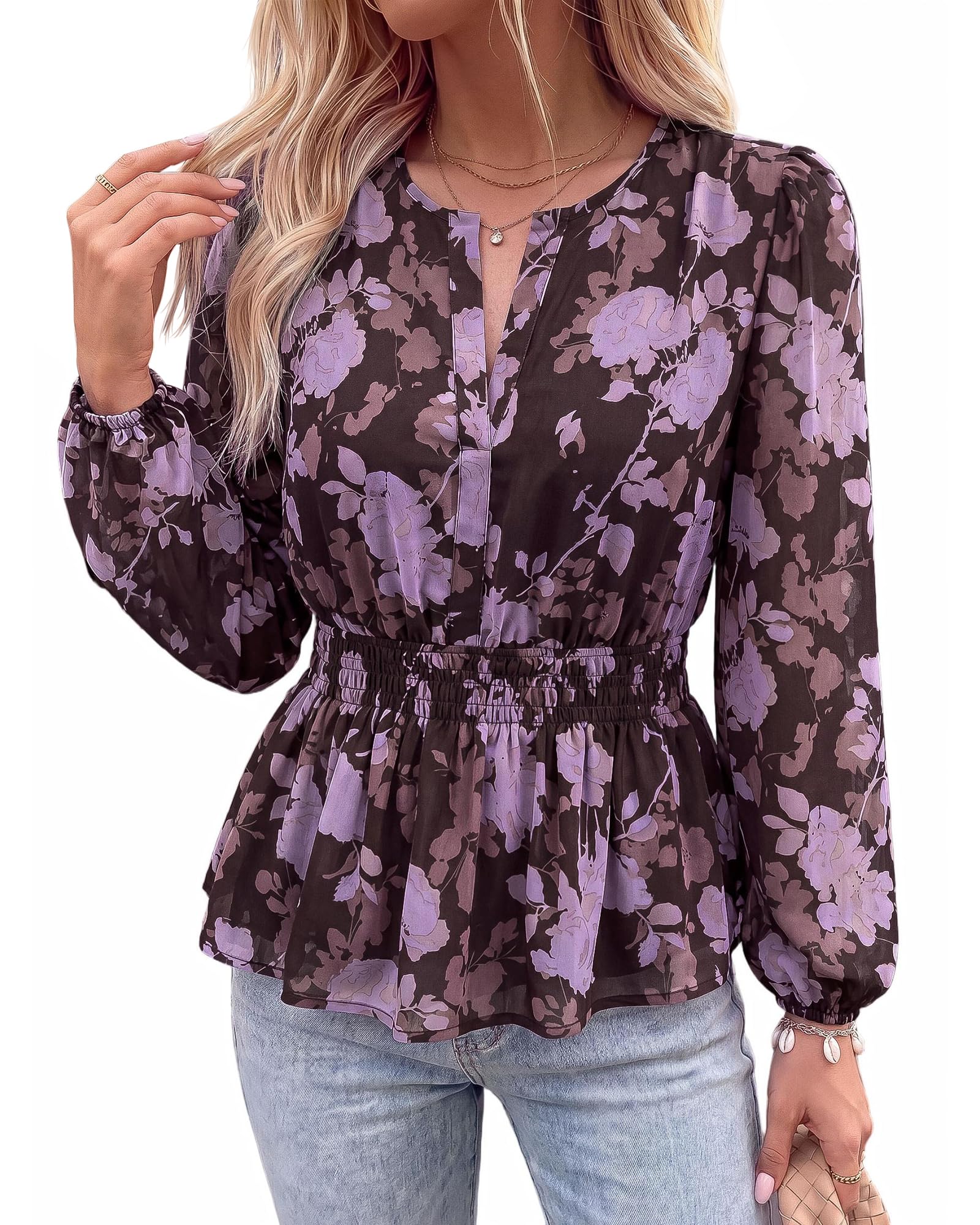BTFBM Womens Tops Dressy Casual Floral V Neck Long Sleeve Chiffon Shirts | Chiffon Lantern Sleeve Flowy Peplum Sheer Top,Elastic Waist Babydoll Blouses,Boho Vacation Outfits,Fall Fashion Clothing