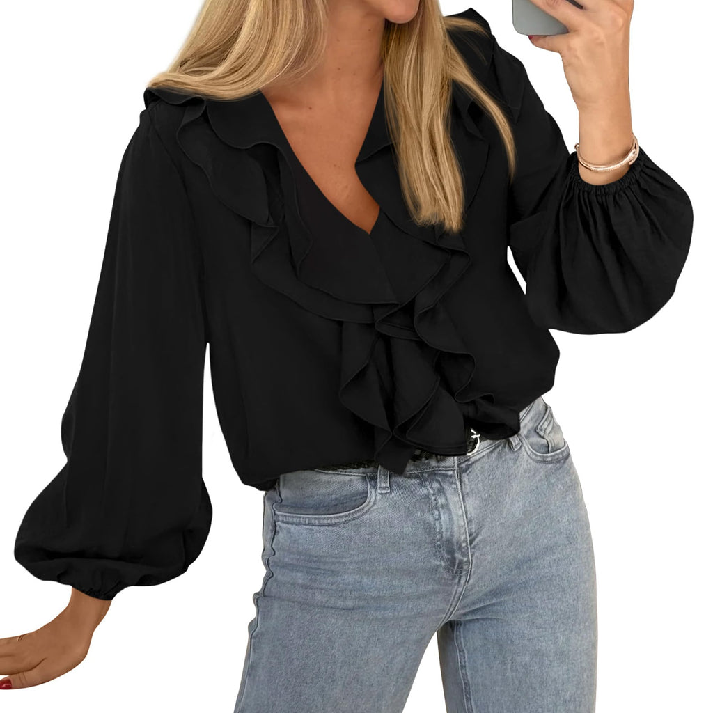 BTFBM Womens Fall Tops Ruffle Blouses Dressy Casual | Double Ruffled Collar V Neck Long Sleeve Shirts, Lightweight Fashion Clothing Trendy, Daily Business Office Work Clothes