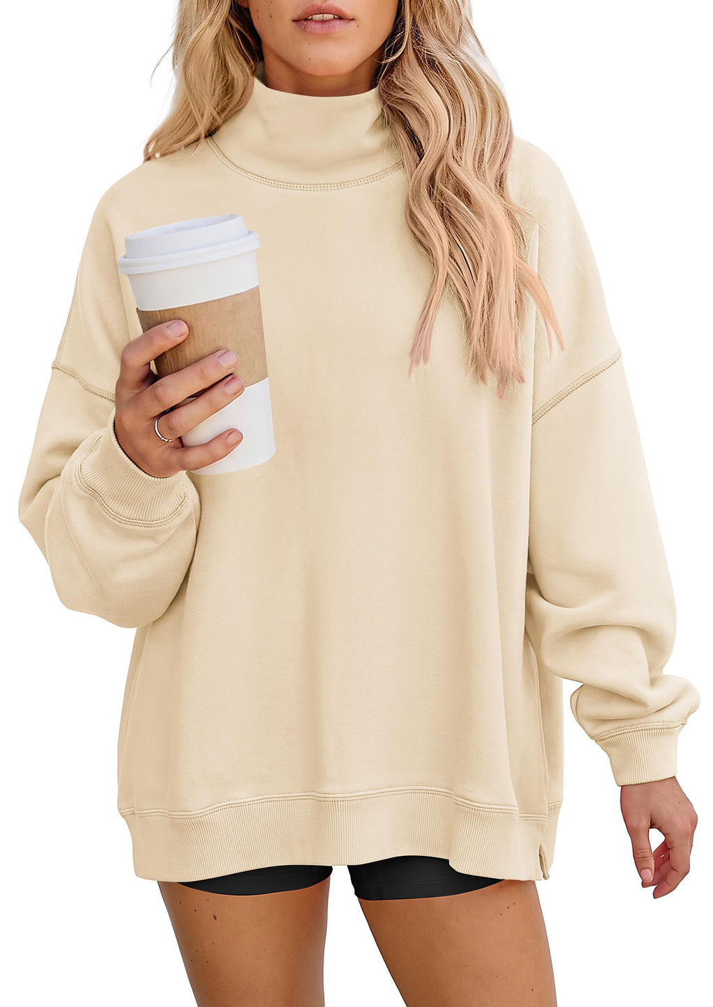PRETTYGARDEN Womens Mock Neck Sweatshirt Oversized Pullover Loose Fit,Side Pockets,Long Sleeve Drop Shoulder Tops,Casual Lounge Work Travel Airport Outfits,Fall Fashion Winter Clothes