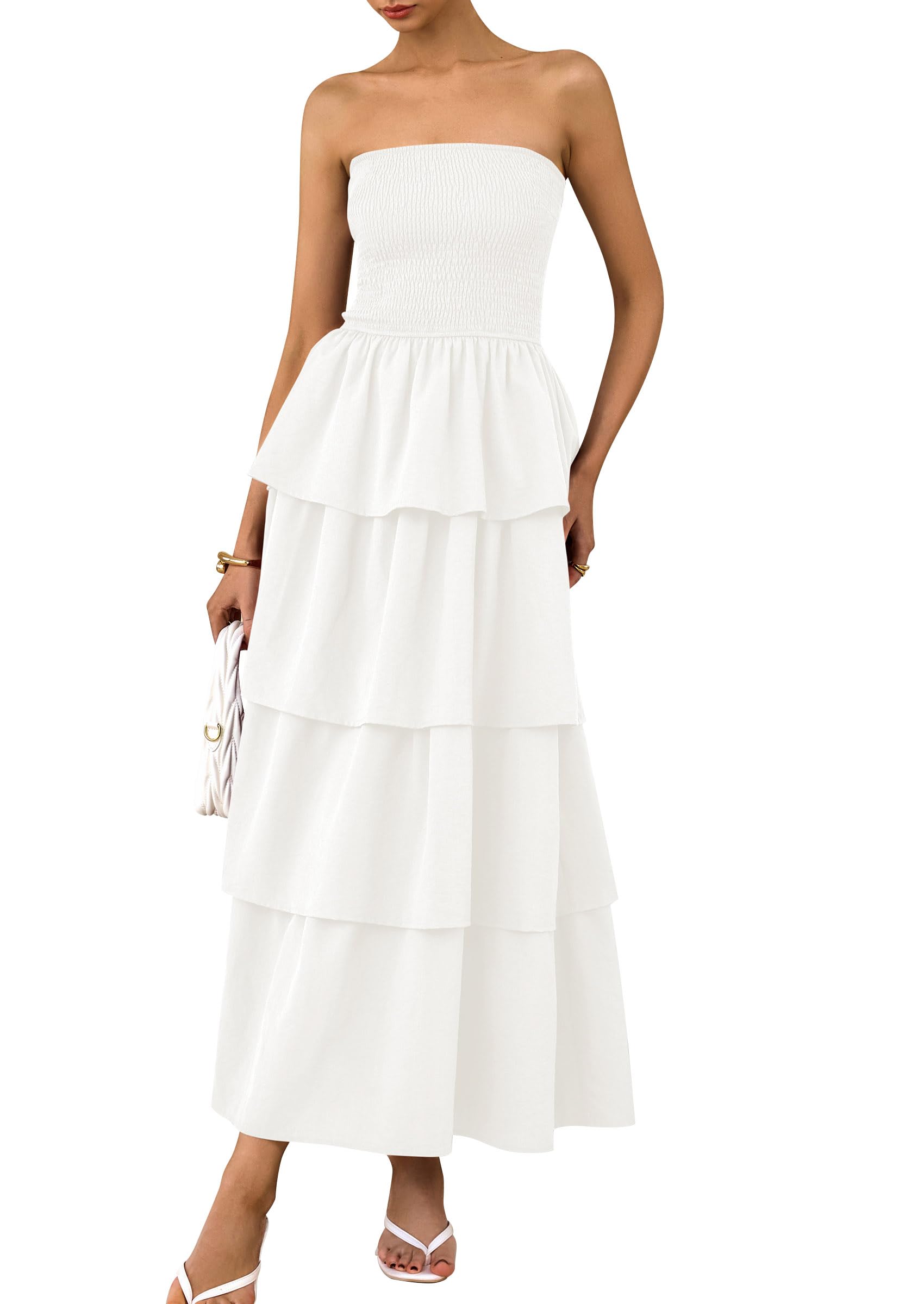 PRETTYGARDEN Maxi Dresses for Women Summer Off Shoulder Smocked Tiered Ruffle Long Flowy Wedding Guest Dress
