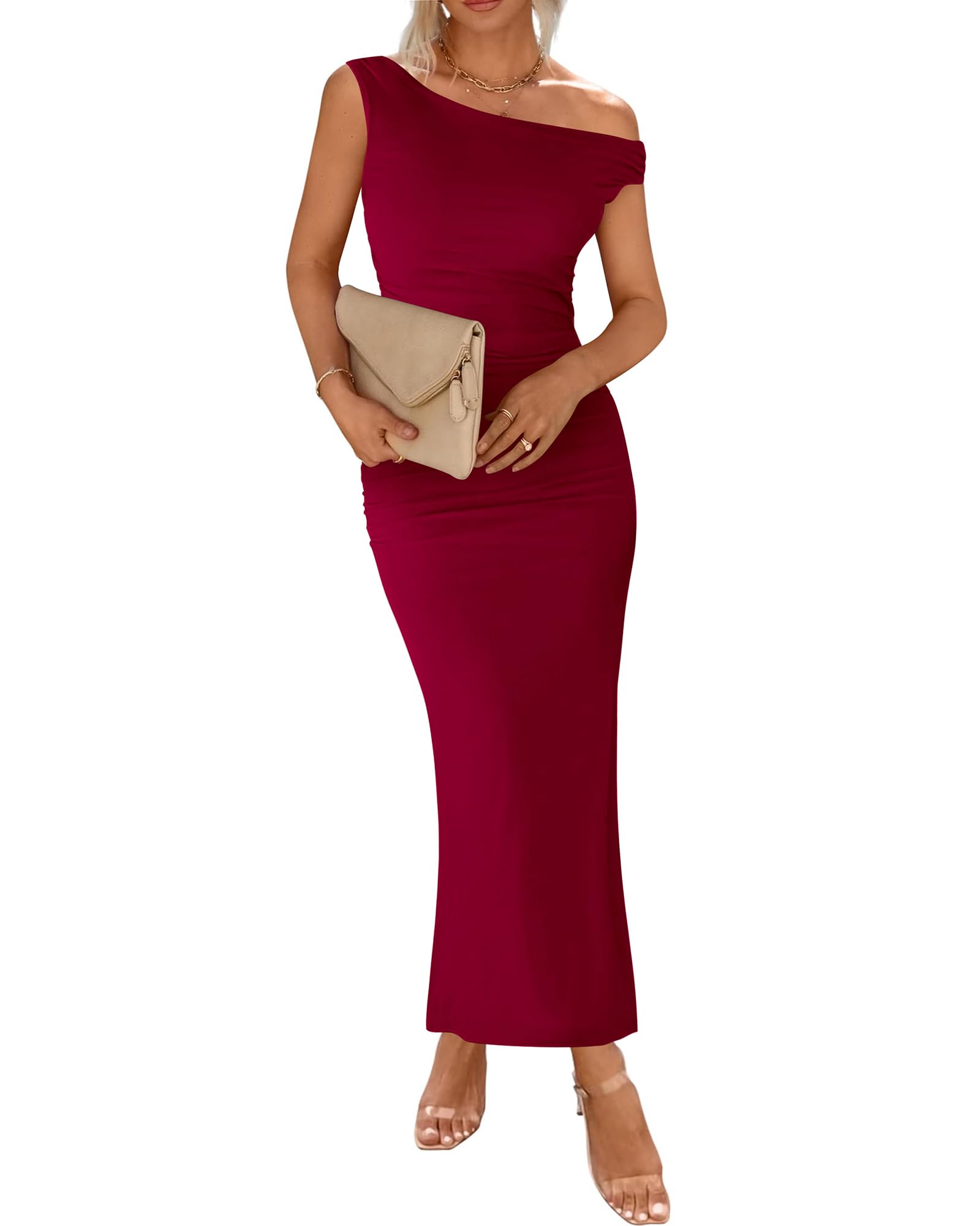 BTFBM Summer Wedding Guest Dresses for Women One Shoulder Bodycon Ruched Mesh Formal Cocktail Spring Fall Maxi Dress