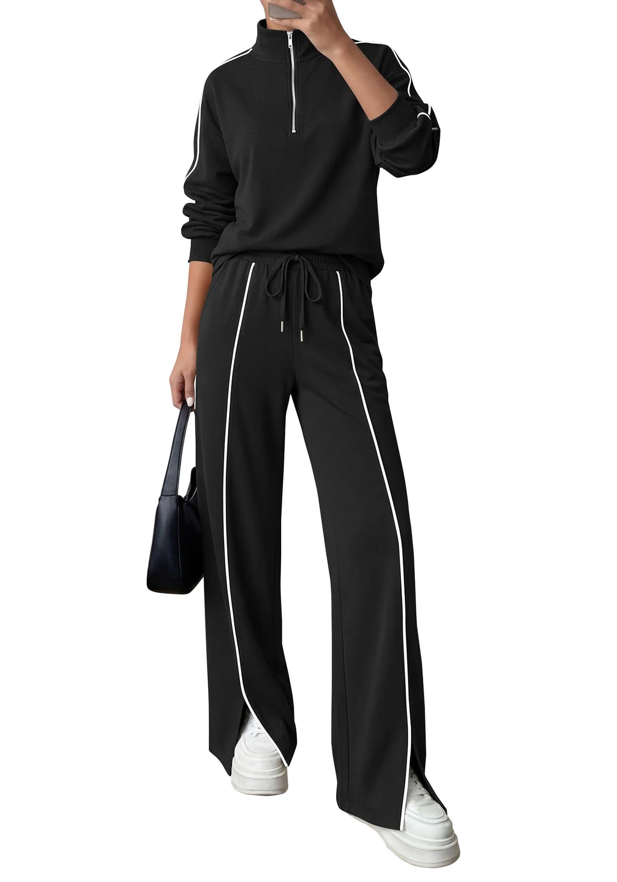 BTFBM 2 Piece Sets for Women Lounge Set Fall Outfits 2 Piece Outfits,Long Sleeve,Solid,Half Zip,Wide Leg Pants,Matching Sets Women Clothing,Tracksuits,Pants Set