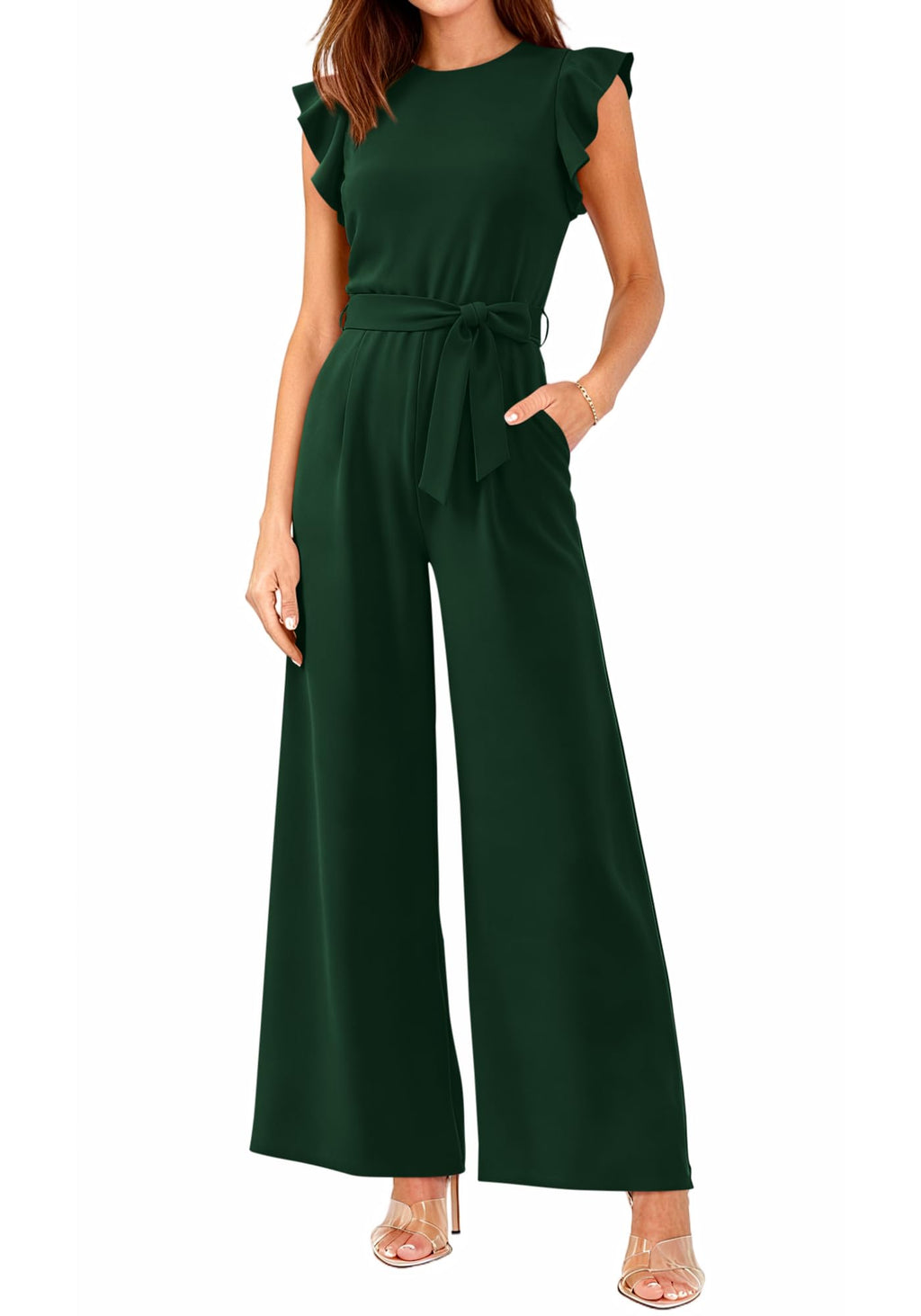 BTFBM Jumpsuits For Women Crew Neck Dressy Cap Sleeve Belted High Waist Wide Leg Romper One Piece Casual Outfits Pockets