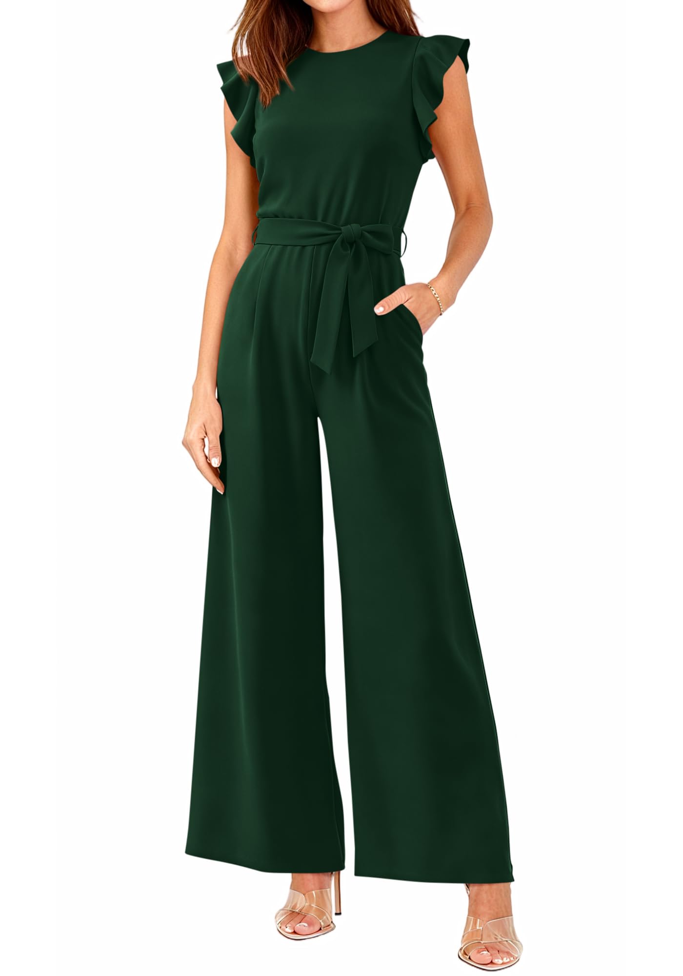 BTFBM Jumpsuits For Women Crew Neck Dressy Cap Sleeve Belted High Waist Wide Leg Romper One Piece Casual Outfits Pockets
