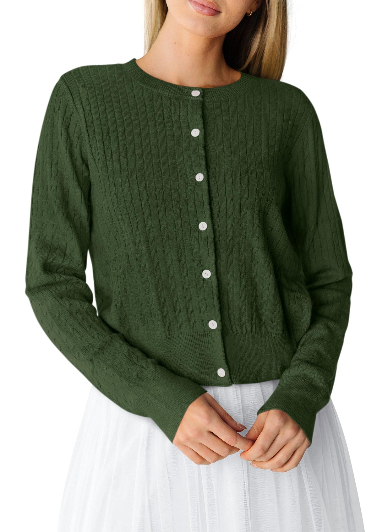 PRETTYGARDEN Women Lightweight Button Up Cardigan Sweaters | Soft Stretchy, Cozy Cable Knit, Long Sleeve Crew Neck, Trendy Cardigans, Cute Casual Outfits, Early Fall Fashion Clothing