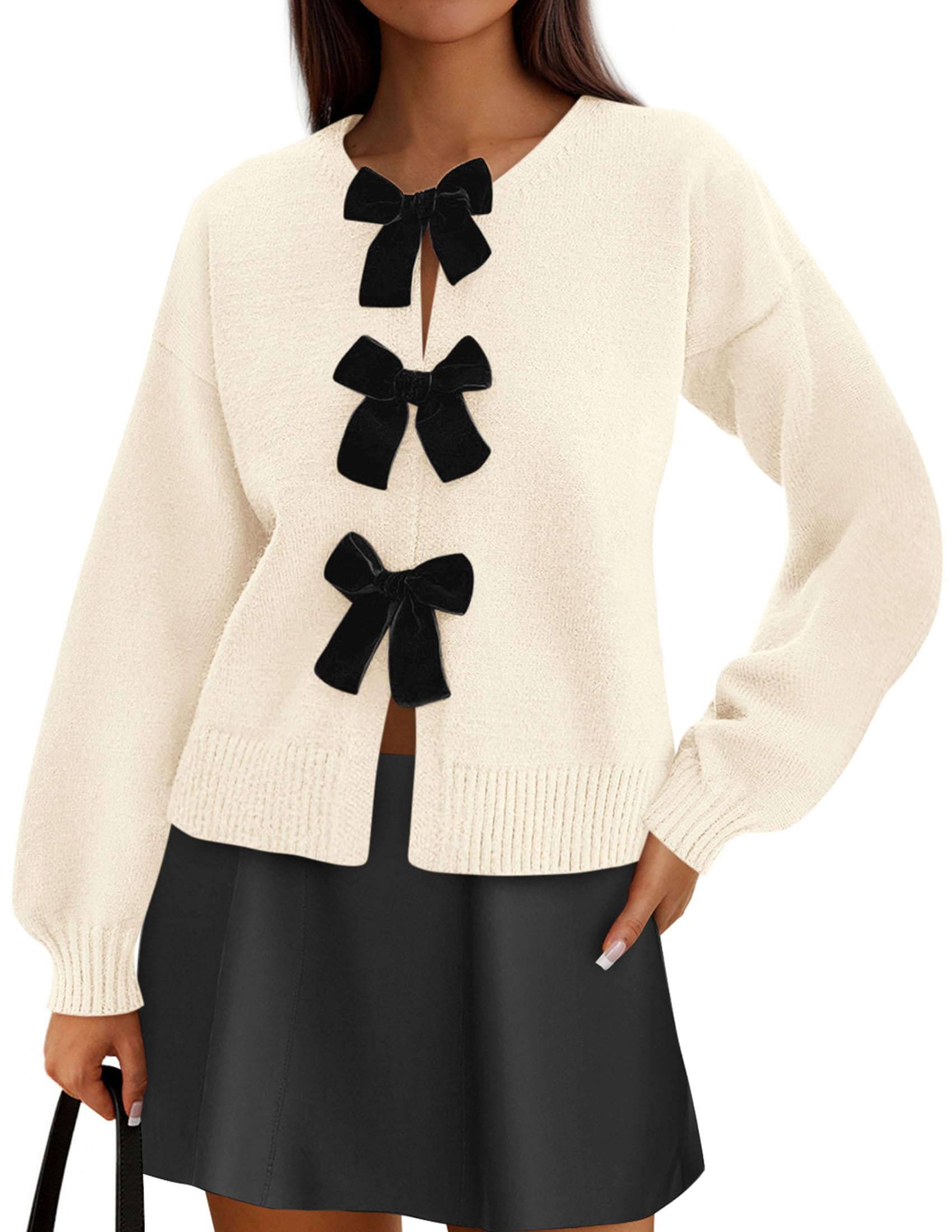 PRETTYGARDEN Cardigan Sweaters for Women Fall Fashion Bow Tie Front Long Sleeve Knit Sweater Tops Cute Winter Clothes