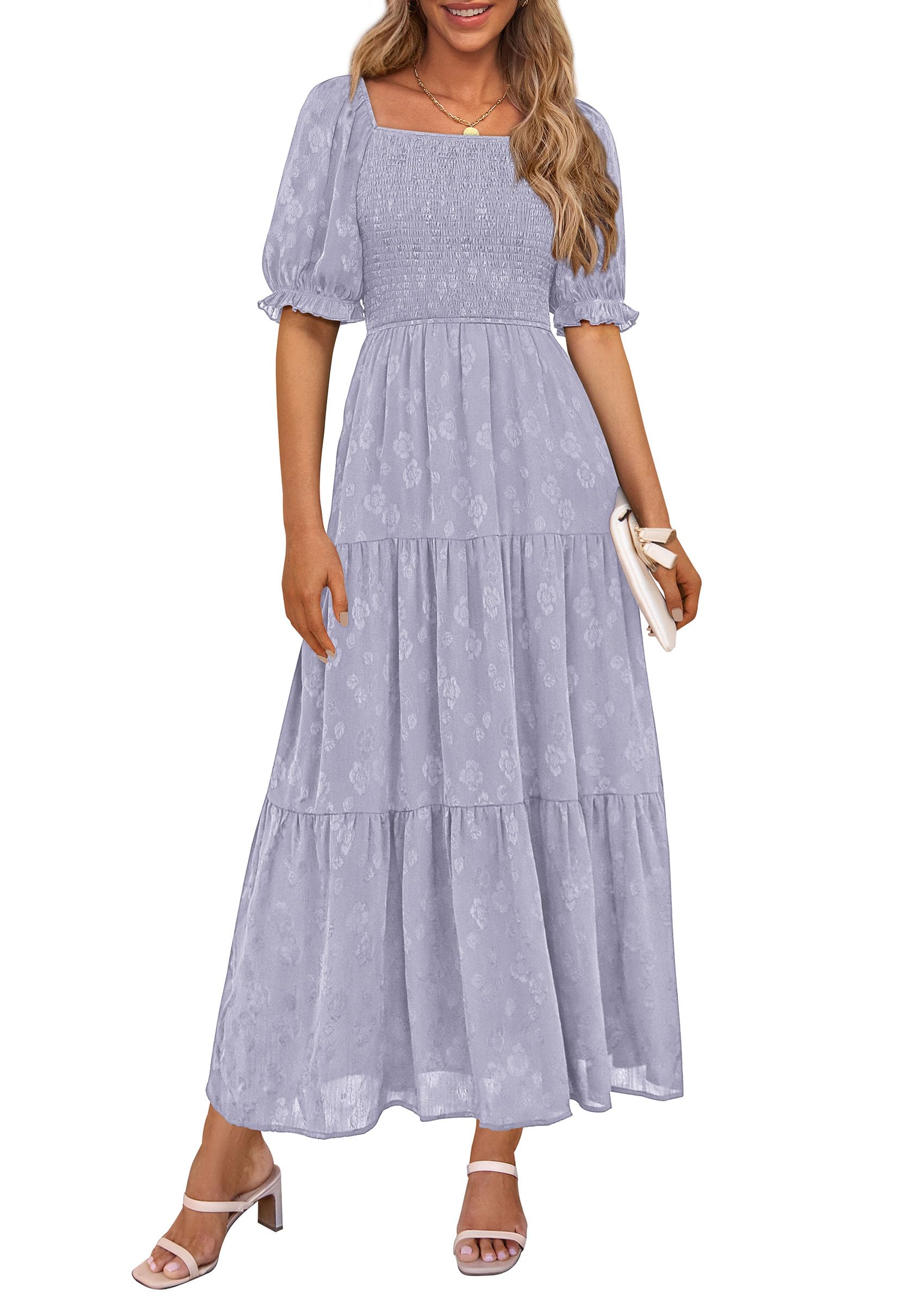 PRETTYGARDEN Women's Summer Casual Midi Dresses Square Neck Short Sleeve Smocked A Line Floral Flowy Elegant Boho Dress