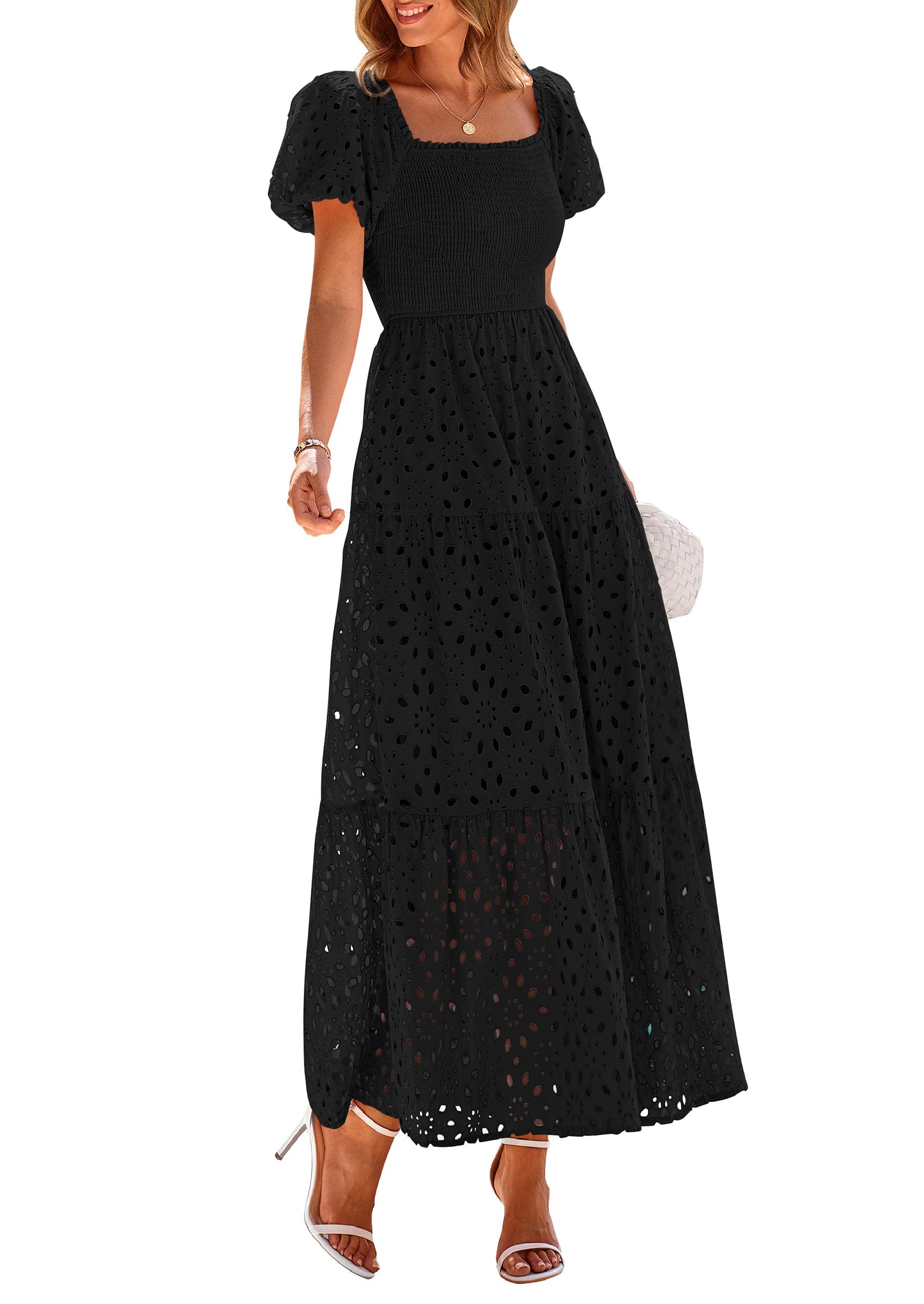 PRETTYGARDEN Summer Dresses for Women Eyelet Square Neck Puff Sleeve Smocked Wedding Guest Maxi Dress with Pockets