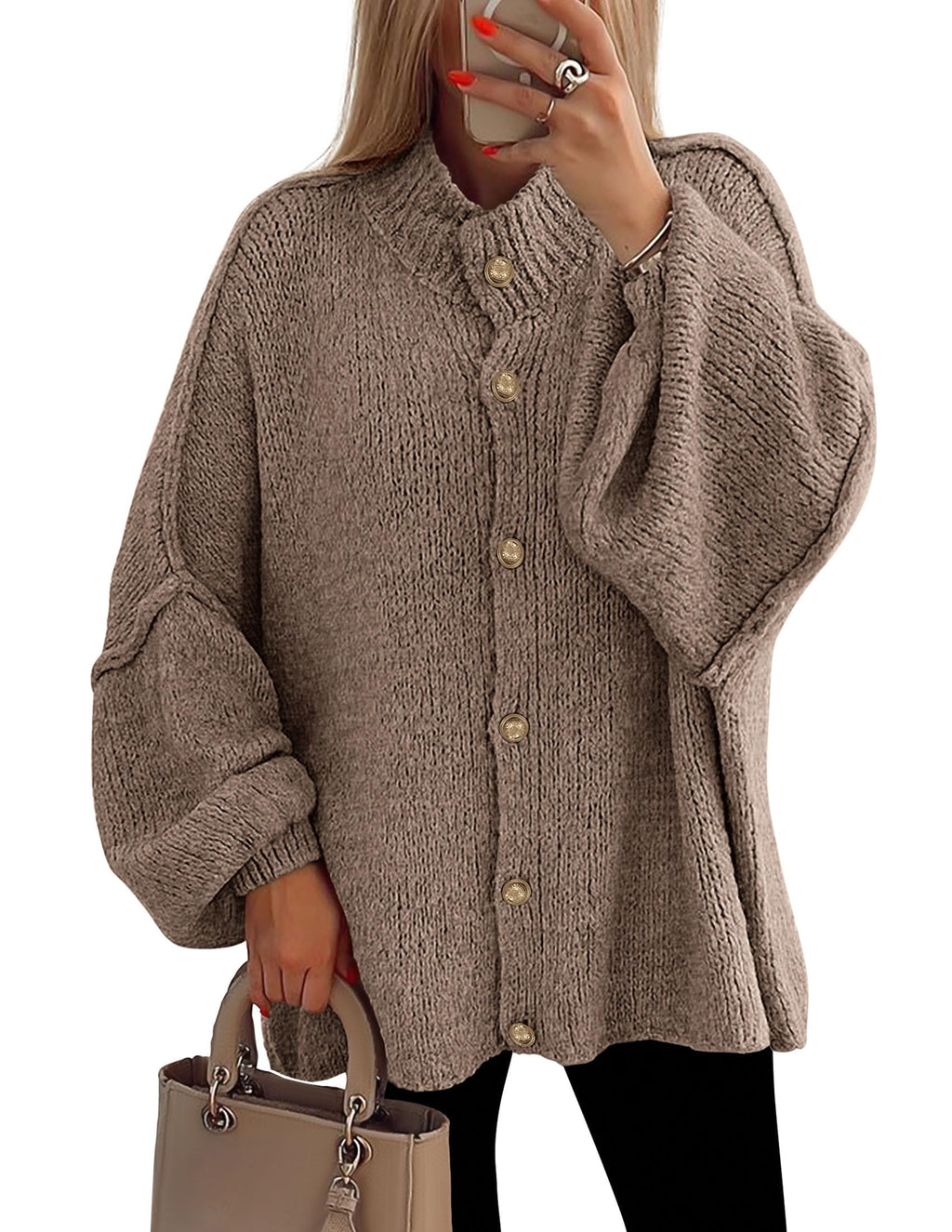 PRETTYGARDEN Women's Winter Button Down Cardigan Sweaters Mock Neck Lantern Long Sleeve Chunky Knit Jacket Trendy Outerwear