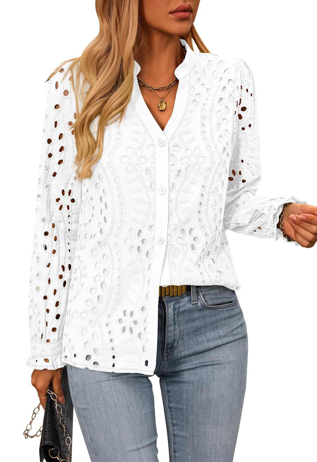 FreshPretty Women's Long Sleeve Shirts Button Down Dressy Casual Blouses V Neck Embroidery Hollow Out Tops Fall Winter Clothes