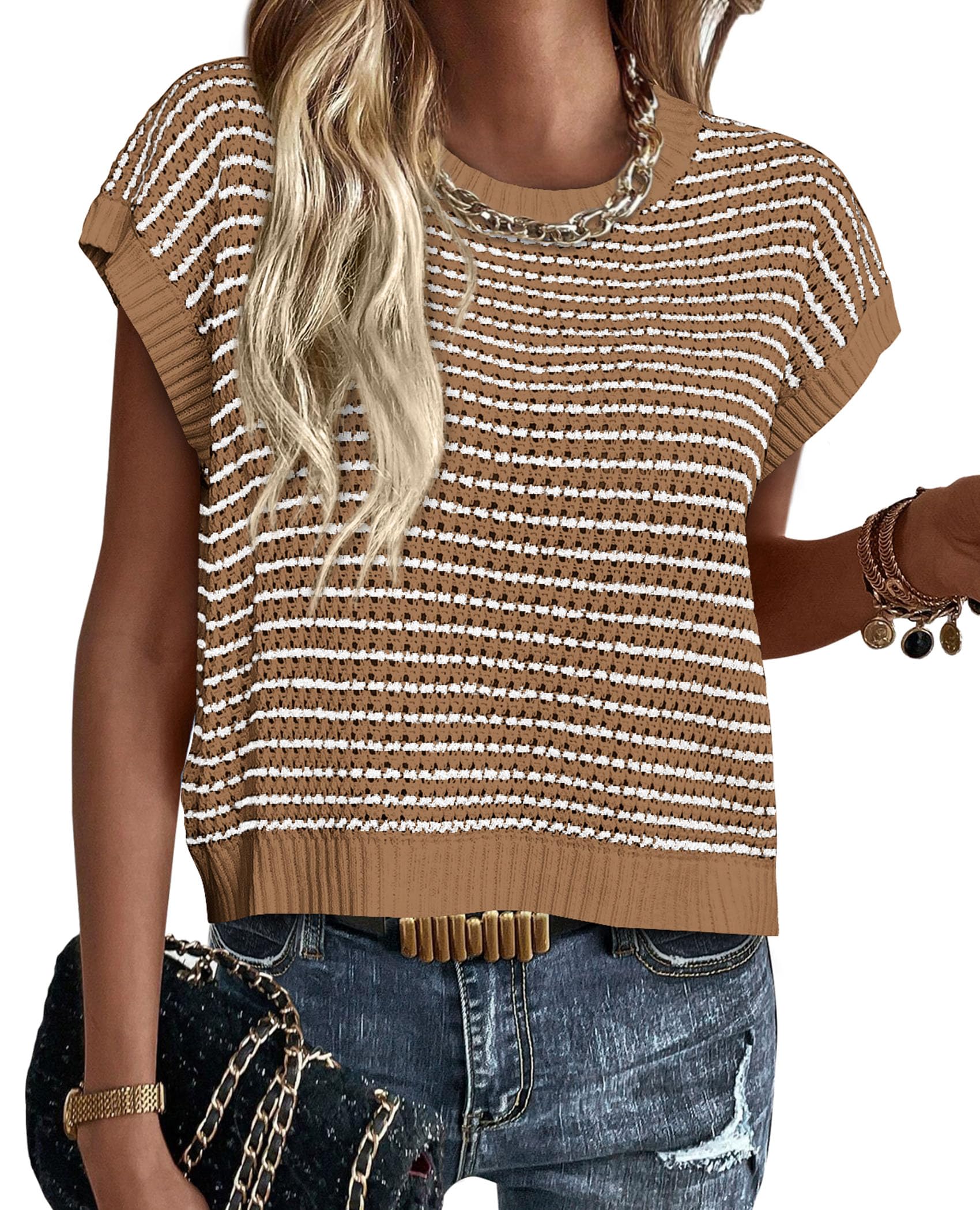PRETTYGARDEN Womens Short Sleeve Sweater Spring Summer Round Neck Striped Pullover Cap Sleeve Knit Sweater Vest Tops