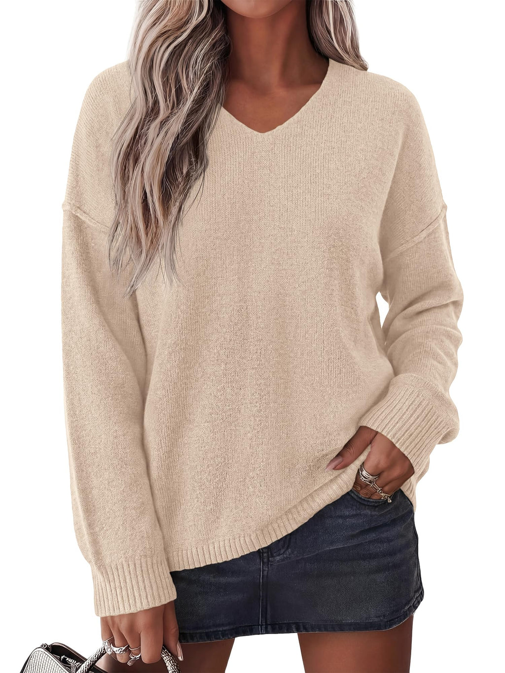 BTFBM Women's Loose Knitted Casual Sweaters | V Neck,Long Sleeve Sweater,Slouchy Pullover Tops,Fall Winter Clothes