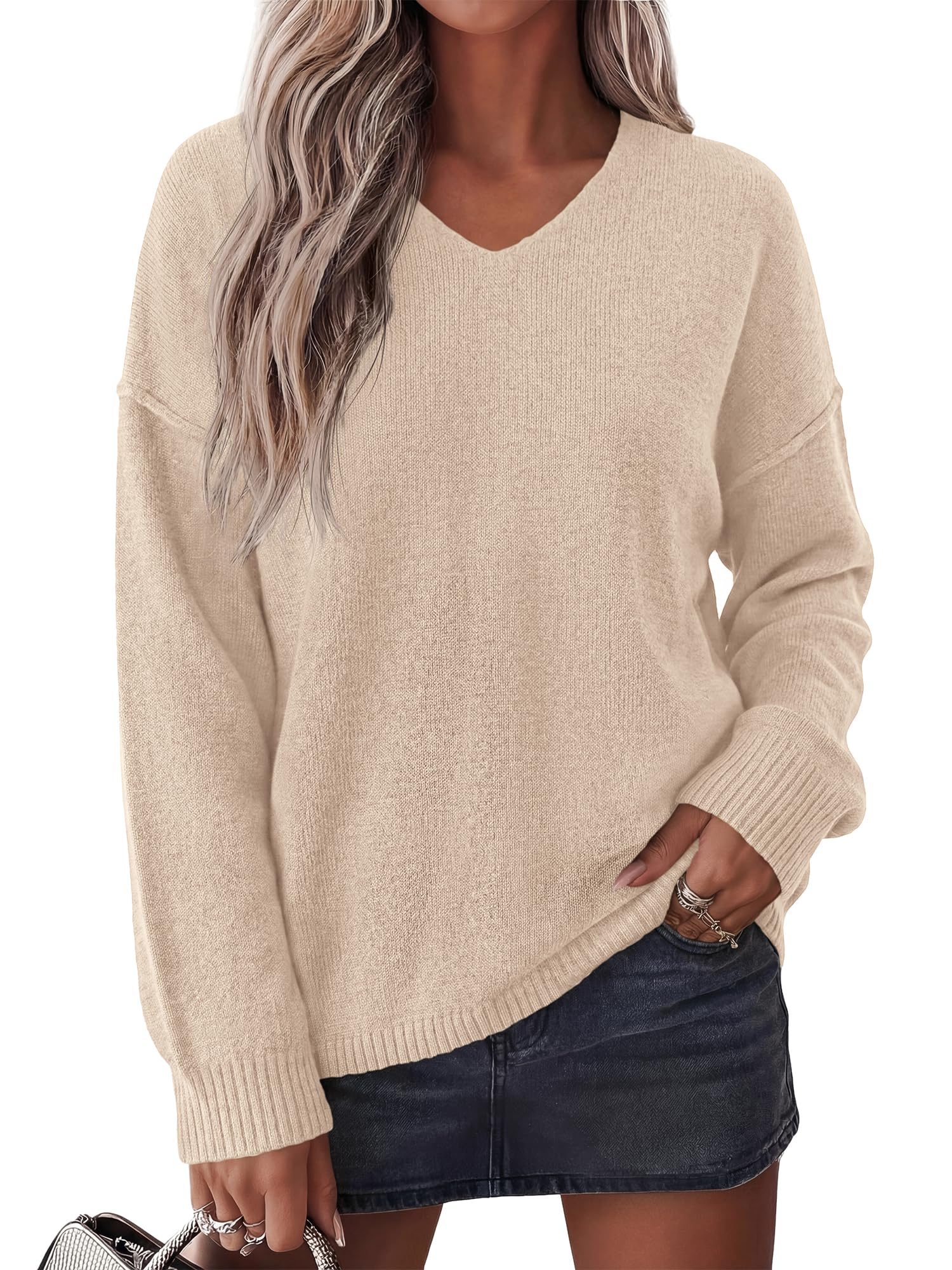 BTFBM Women's Loose Knitted Casual Sweaters | V Neck,Long Sleeve Sweater,Slouchy Pullover Tops,Fall Winter Clothes