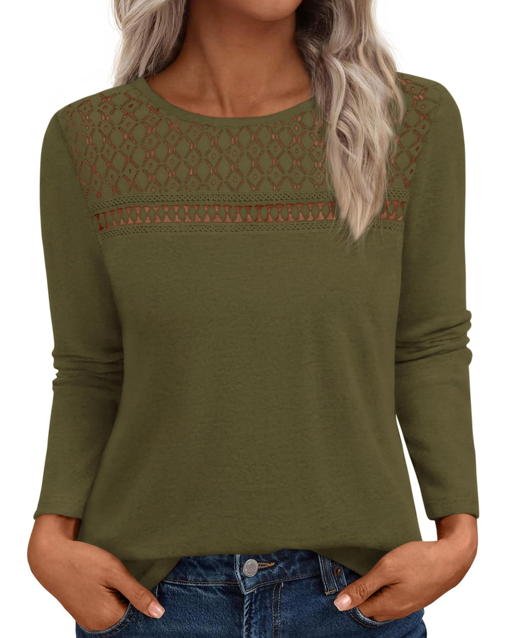 FreshPretty Lace Long Sleeve Shirts Womens Tops Dressy Casual Knit Boho Lightweight Blouses Winter Clothing Fall Fashion
