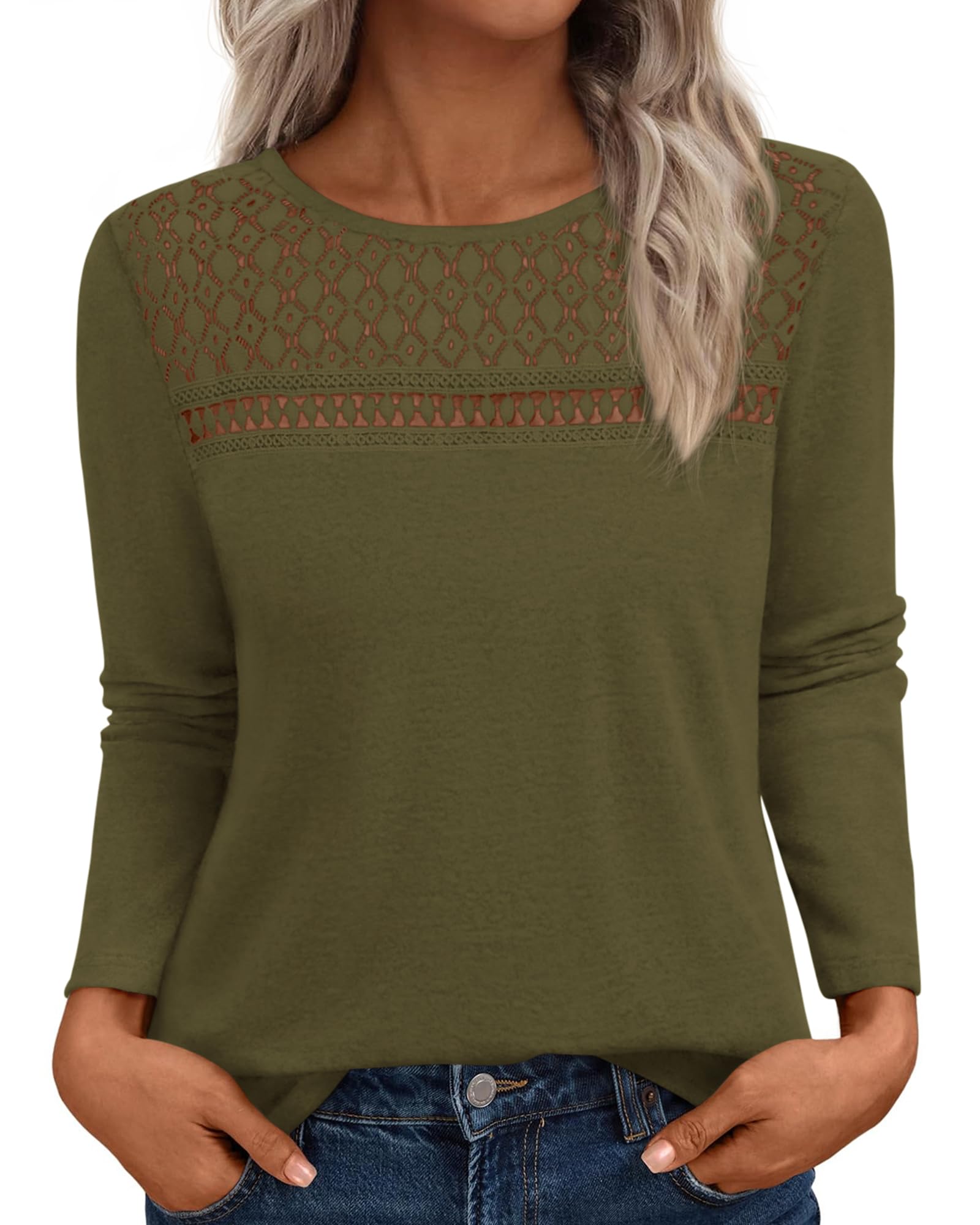 FreshPretty Lace Long Sleeve Shirts Womens Tops Dressy Casual Knit Boho Lightweight Blouses Winter Clothing Fall Fashion