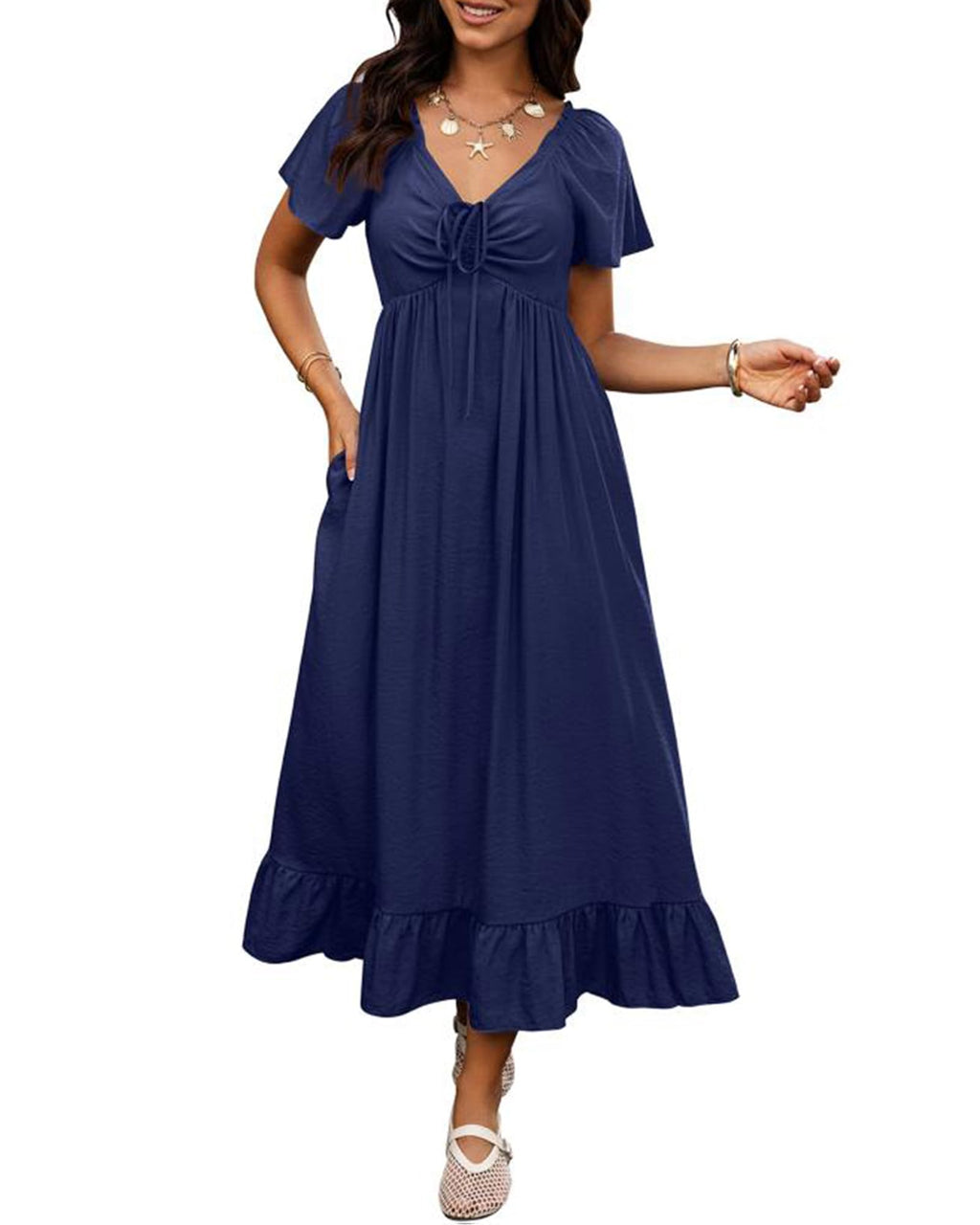 BTFBM Womens Spring Dresses Casual Short Sleeve V Neck Drawstring Wedding Guest Maxi Dresses Boho Beach Long Dress