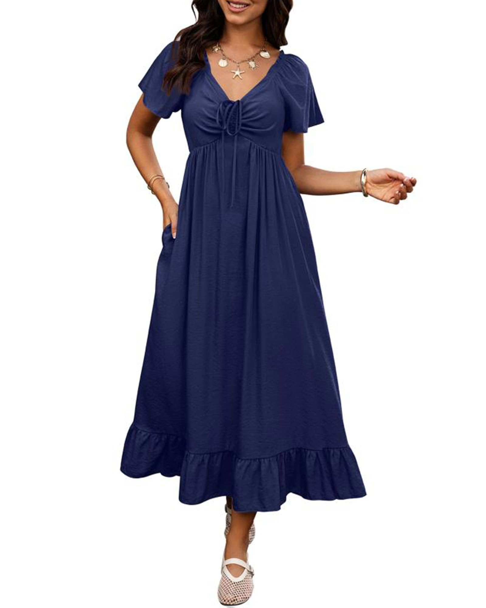 BTFBM Womens Spring Dresses Casual Short Sleeve V Neck Drawstring Wedding Guest Maxi Dresses Boho Beach Long Dress